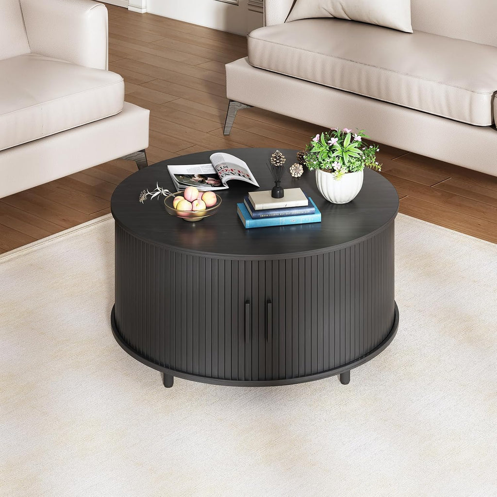 31.5 Inch Round Coffee Table, Fluted Coffee Tables with Storage, Mid-Century Modern Center Tables, Living Room Table with Sliding Door and Wood Handle for Living Room, Black