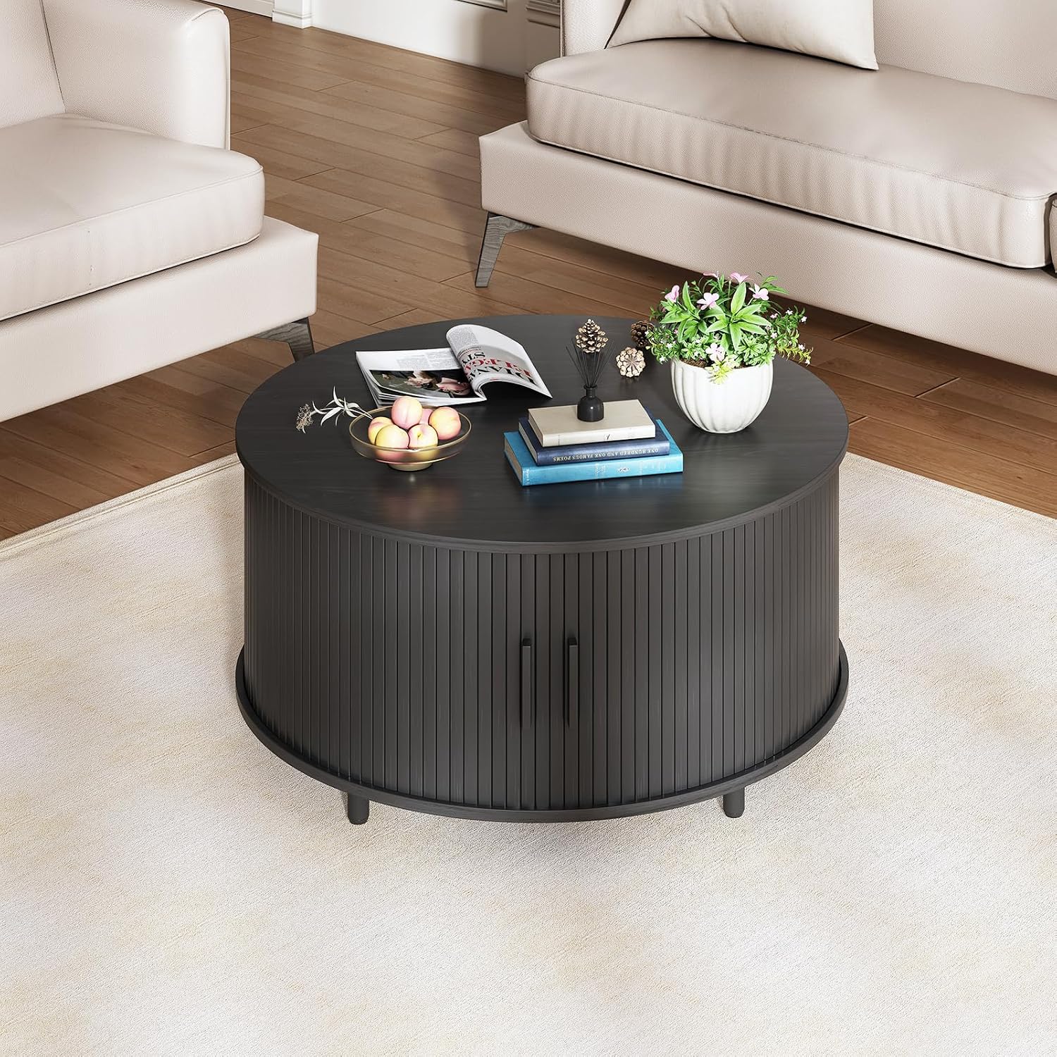 31.5 Inch Round Coffee Table, Fluted Coffee Tables with Storage, Mid-Century Modern Center Tables, Living Room Table with Sliding Door and Wood Handle for Living Room, Black