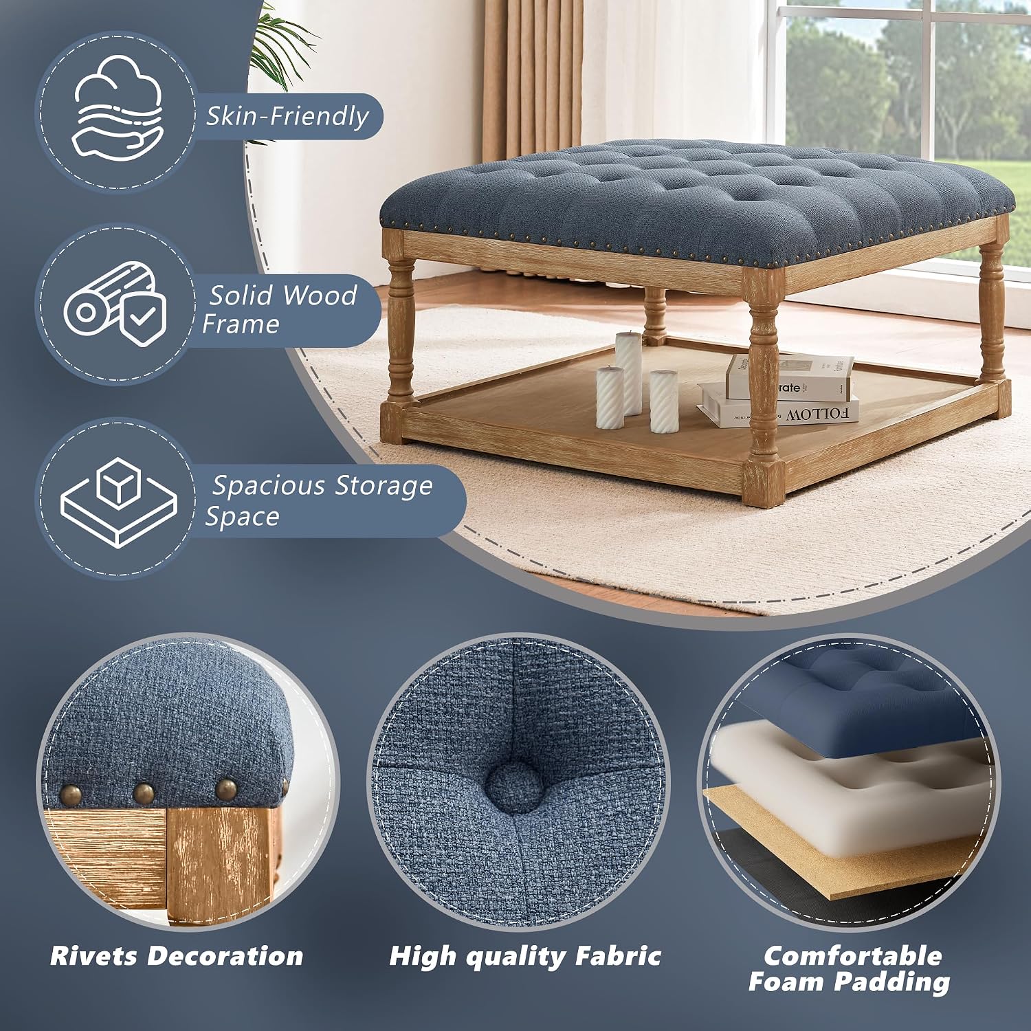 HUIMO 33-inch Large Square Ottoman Coffee Tables for Living Room, Tufted Upholstered Linen Ottoman with Storage Shelf and Solid Legs for Office Bedroom Farmhouse (Navy Blue)