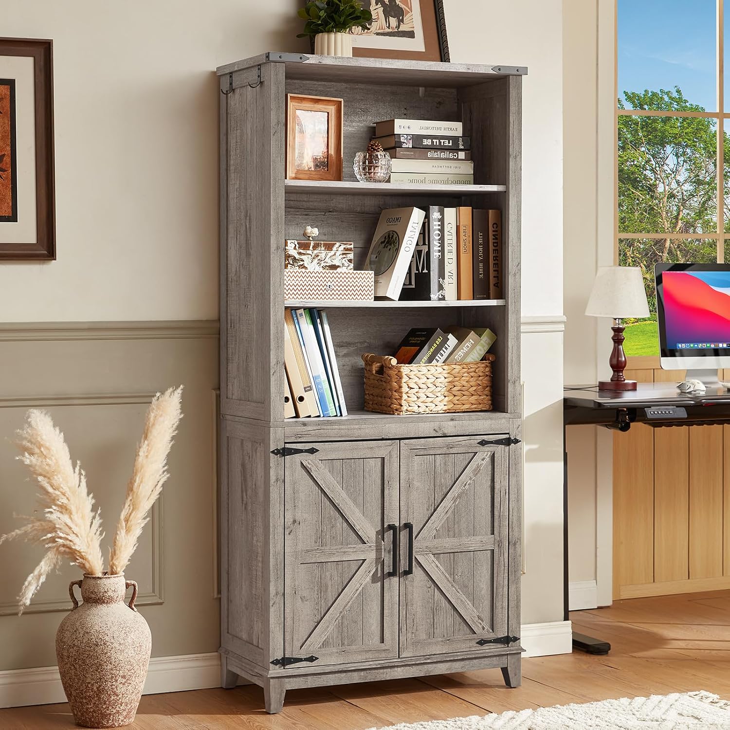 Joaxswe 70in Tall Bookshelf 5 Tier Bookcase with Barn Doors and Adjustable Shelves, Grey Farmhouse Book Shelf with Storage Cabinet, Wood Freestanding Display Bookshelves for Bedroom, Kitchen (2 PCS)