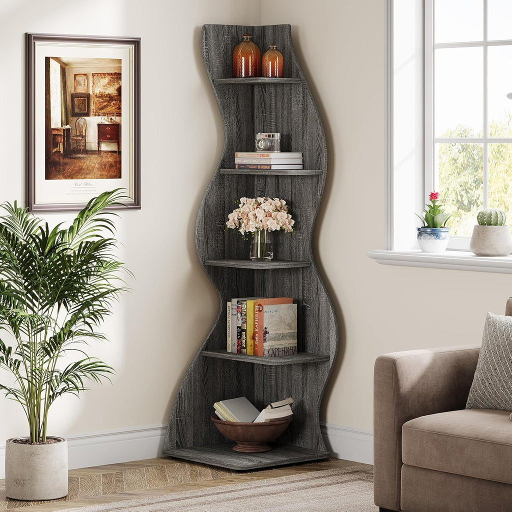 Tribesigns Wavy Corner Shelf Set of 2, Modern 5-Tier Bookshelf Etagere Bookcase with Curvy Shape, Unique Plant Stand Display Shelf for Living Room Small Space (Gray)