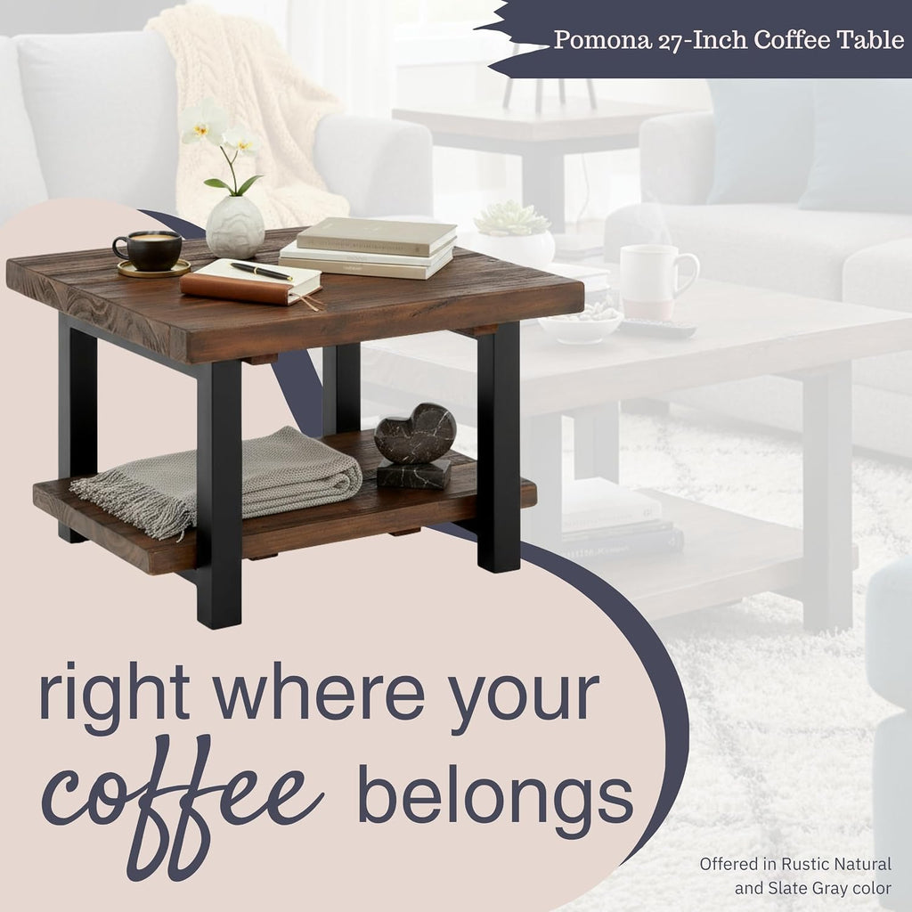 Pomona 27-Inch Square Solid Wood Coffee Table with Metal Legs – Modern Farmhouse Rustic Small Space Table by Alaterre Furniture (Rustic Brown)