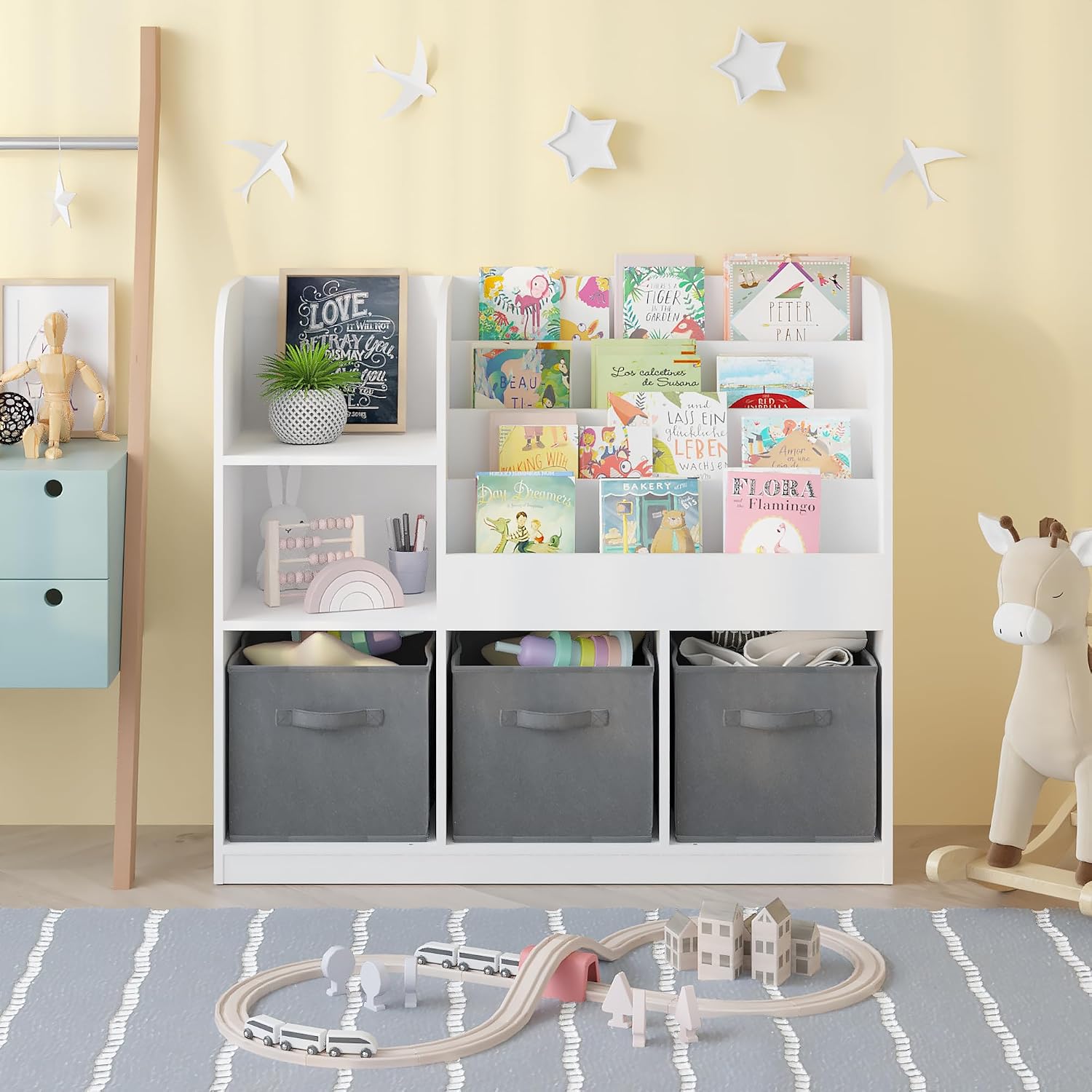 Bookcase and Storage Organizer with 3 Fabric Drawers – Wooden Bookshelf Display Rack for Toddlers and Children, Reading Corner Storage Shelf for Bedroom, Playroom, Nursery, Grey