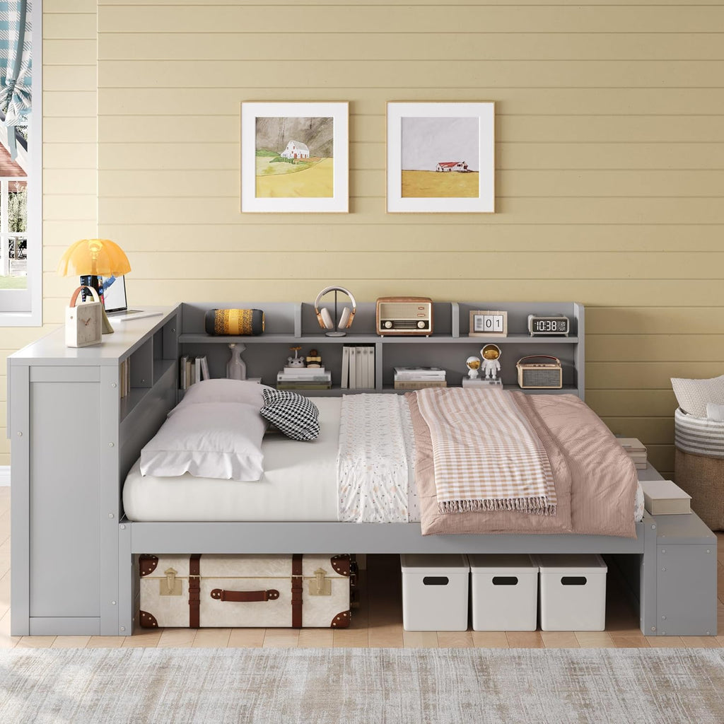 RuiSiSi Full Size Corner Bed with Bookcase, L-Shaped Daybed with Shoe Cabinets & USB Ports, Wood Full Corner Daybed Frame for Kids Teens Guest Room Bedroom, Grey