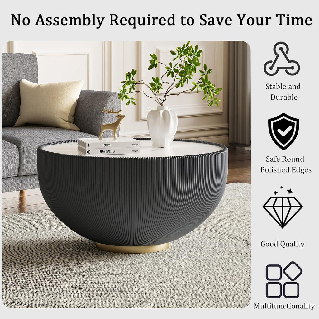 Grey Round Coffee Table with Sintered Stone Tabletop, 27.56' Drum Coffee Table with Fluted PU Leather Covered and Metal Base, Circle Cocktail Tea Table for Living Room