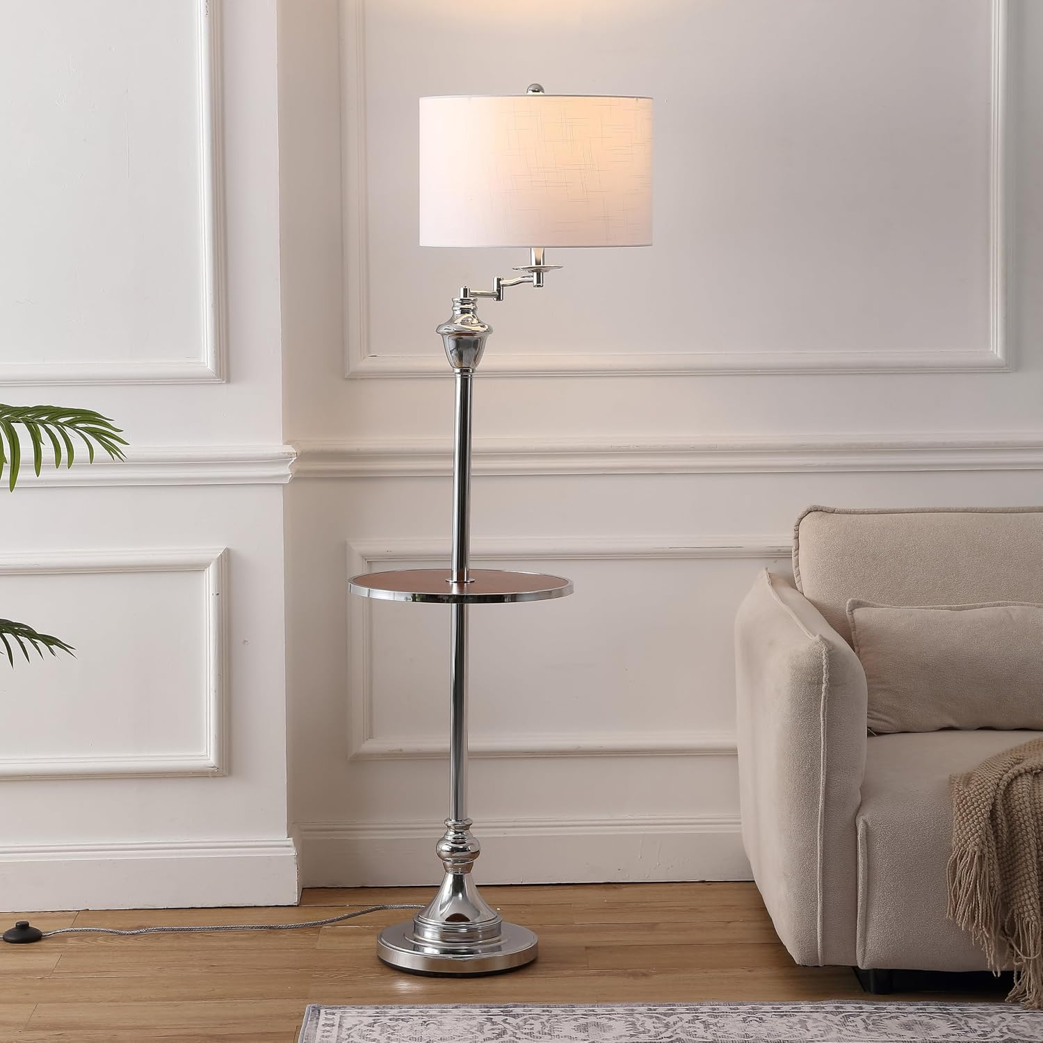 JONATHAN Y 60' Chrome Swing Arm Wood Integrated Side Tray Candlestick Tray Table Floor Lamp Traditional for Living Room Bedroom with White Linen Drum Shade LED Bulb Included JYL3055E