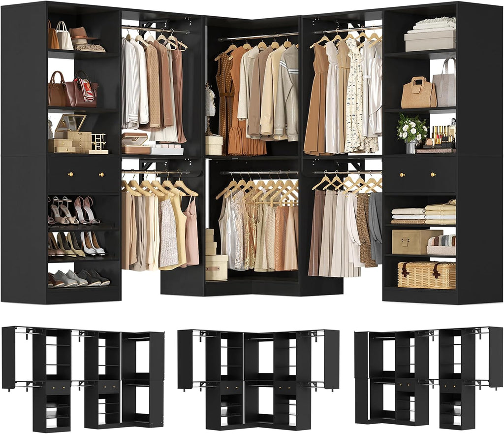 Armocity Closet System Set of 3 - Corner Closet Organizer System with 2 Drawers/16 Shelves/6 Hanging Rods, 151.1' L-Shaped Walk-In Wardrobe Organizer, 2800+ lbs Capacity, Black
