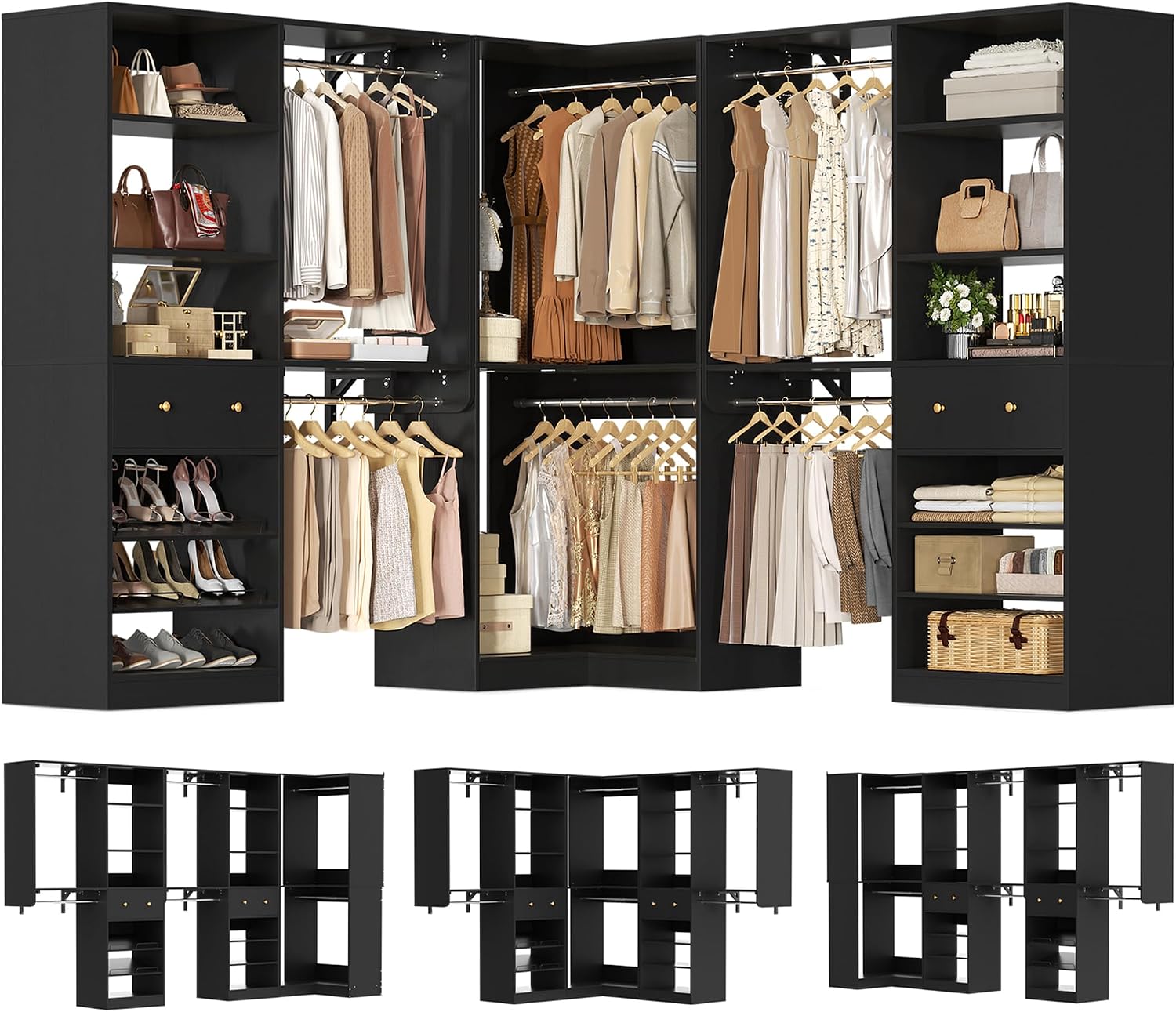 Armocity Closet System Set of 3 - Corner Closet Organizer System with 2 Drawers/16 Shelves/6 Hanging Rods, 151.1' L-Shaped Walk-In Wardrobe Organizer, 2800+ lbs Capacity, Black