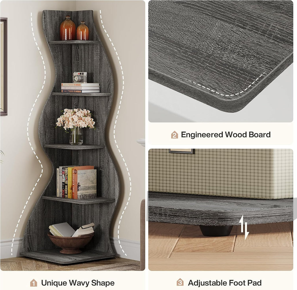 Tribesigns Wavy Corner Shelf Set of 2, Modern 5-Tier Bookshelf Etagere Bookcase with Curvy Shape, Unique Plant Stand Display Shelf for Living Room Small Space (Gray)