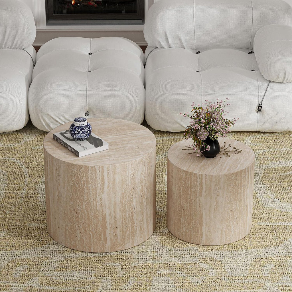 Round Wood Coffee Table Set of 2 Modern Circle Travertine Nesting Coffee Tables Handcrafted Drum End/Side Tables Sets for Living Room for Small Space (Travertine (D18.2+D14.6 inch))