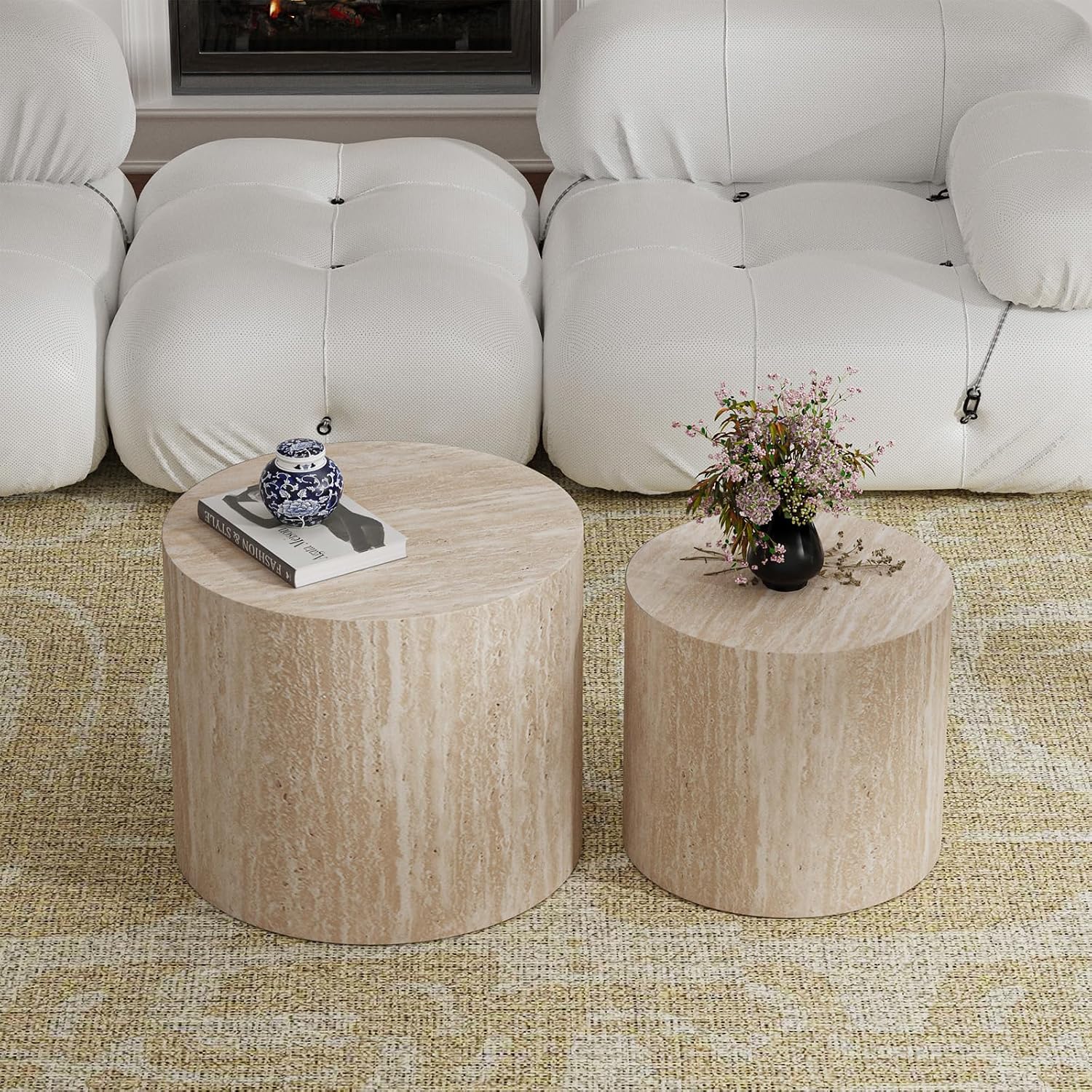 Round Wood Coffee Table Set of 2 Modern Circle Travertine Nesting Coffee Tables Handcrafted Drum End/Side Tables Sets for Living Room for Small Space (Travertine (D18.2+D14.6 inch))