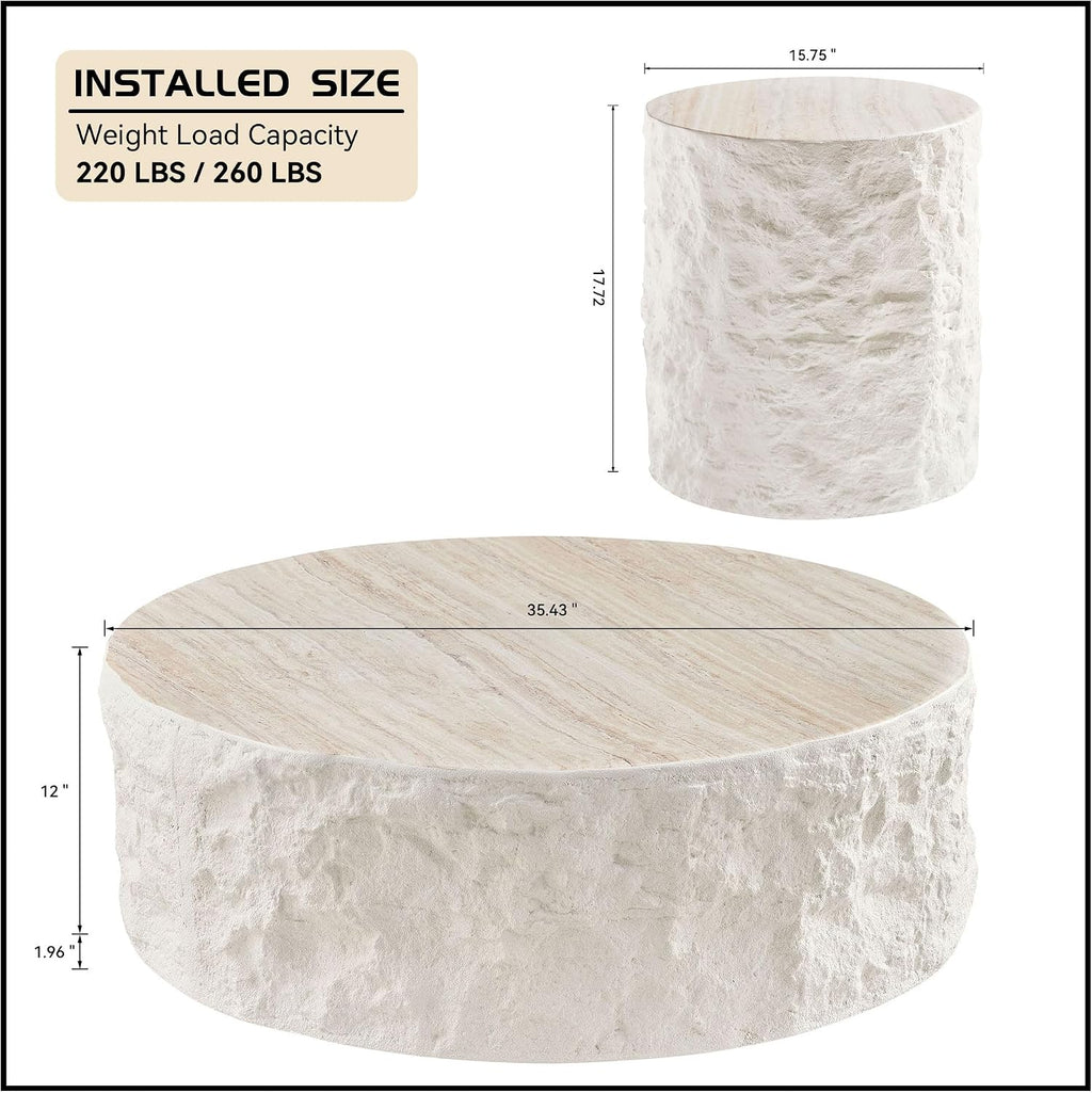 WILLIAMSPACE Round Faux Stone Coffee Table Set of 2 for Living Room, Modern Circle Drum Travertine Center Table Side Tables with Cement Stone Pattern, No Need Assembly, Fiberglass (35.4'' &15.75'')