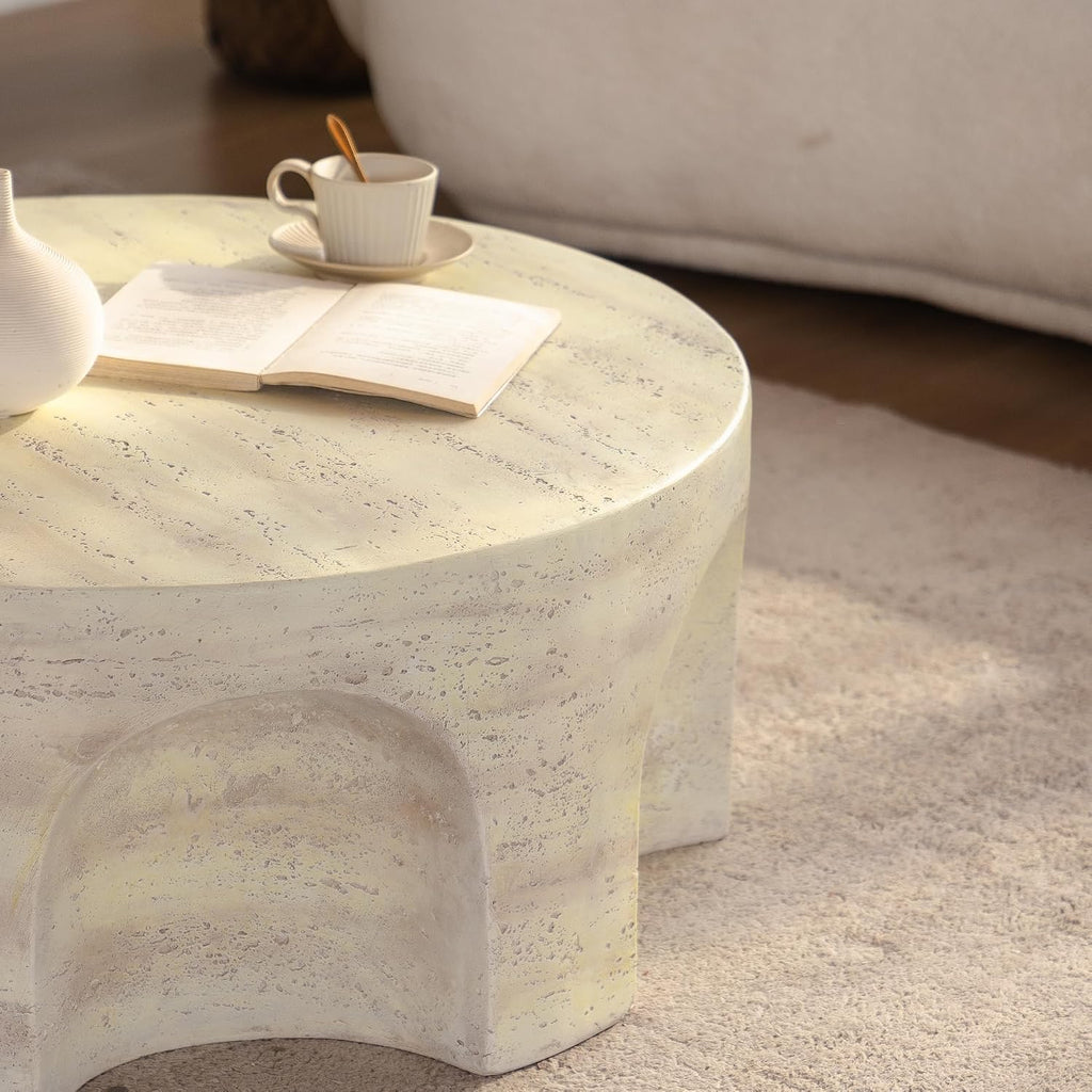 WILLIAMSPACE 31.5' Round Marble Coffee Table with Unique Arched Cutout Base, Modern Faux Stone Center Table Drum Coffee Tea Table for Living Room, Magnesium Oxide, No Assembly, Amber