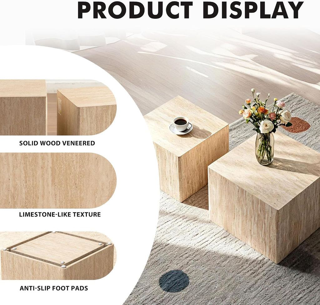 Square Nesting Tables for Living Room, Set of 2, Wood Travertine Veneer Nesting Coffee Table Mid Century Modern Small Accent Center End and Side Table Sets for Farmhouse Apartment Office