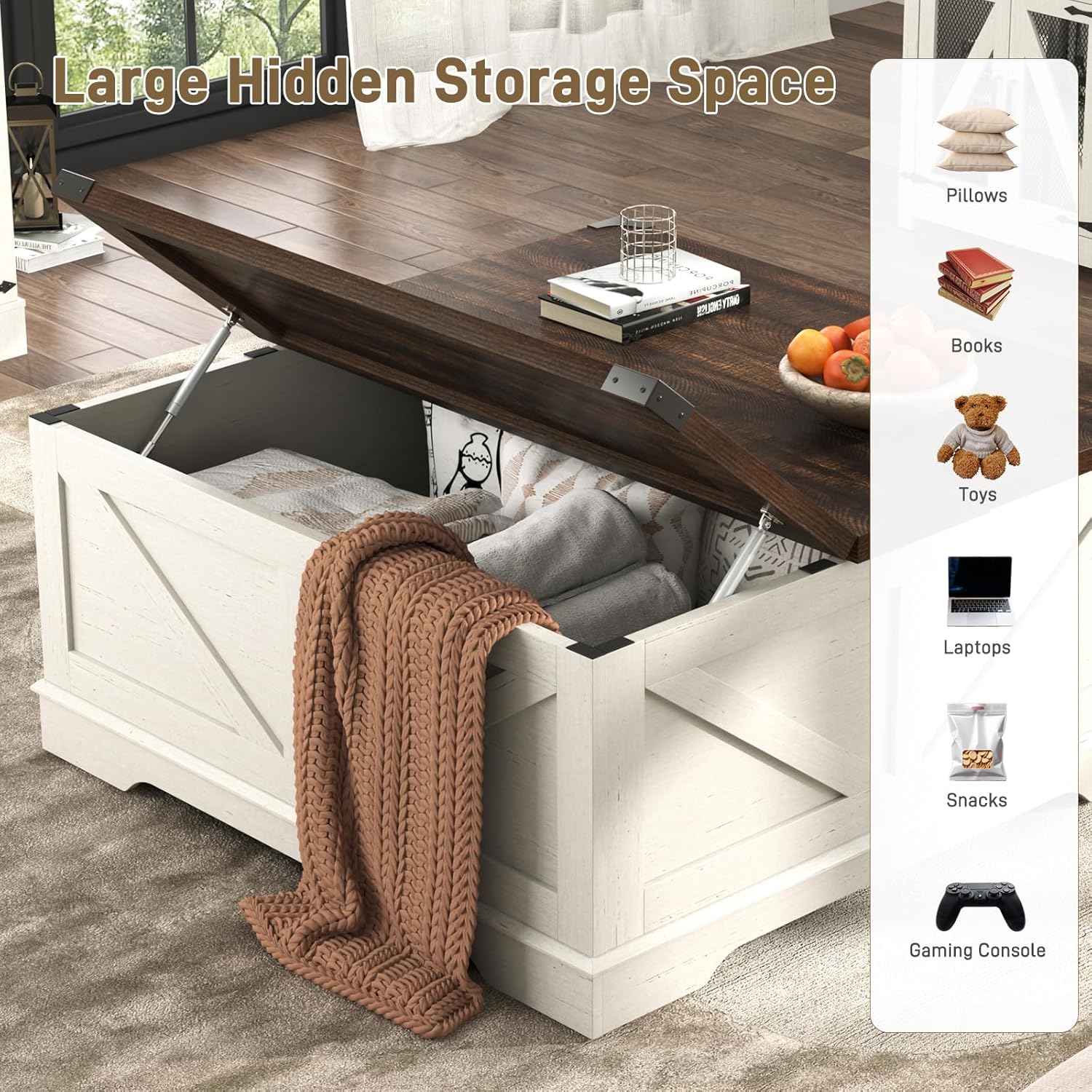 Hlivelood 40' Large Farmhouse Lift Top Coffee Table with Power Outlets and Large Hidden Storage, Square Wood Living Room Tables, Multi-Function Lift Wooden Barn Door Center Table, Rustic White