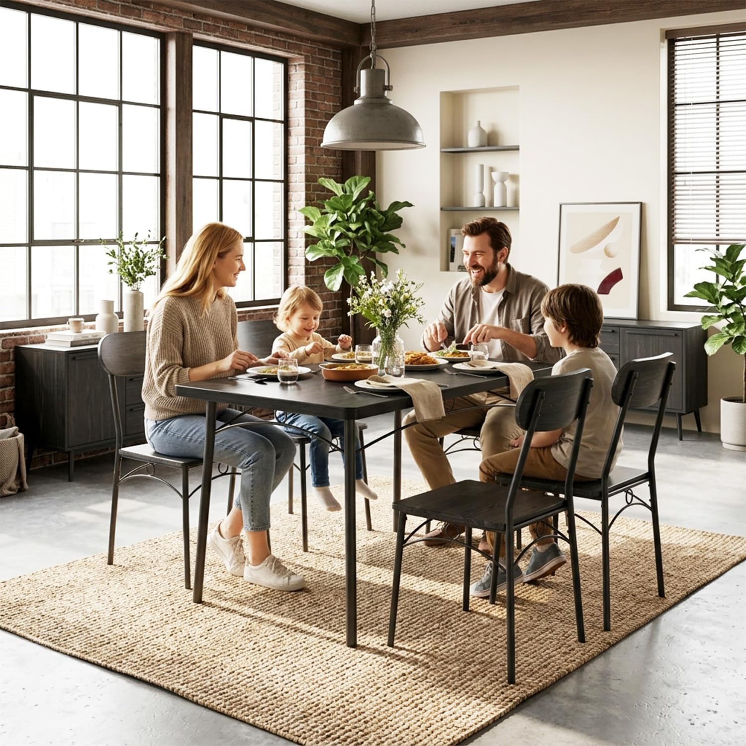 VECELO Dining Table Set for 4, 5-Piece Kitchen Table with 4 Chairs, MDF Board Tabletop with Metal Frame for Small Space, Compact Dinette, Breakfast Nook, Black