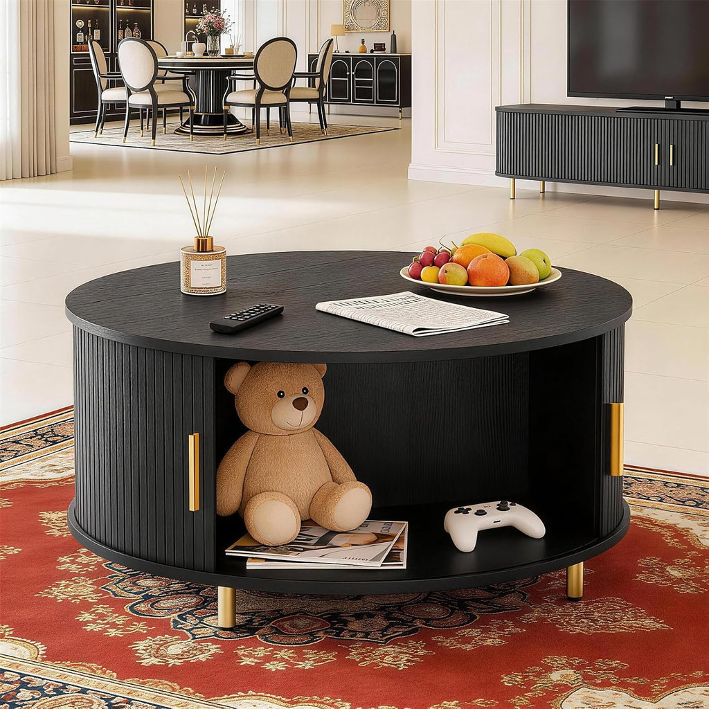 DHH Round Coffee Table, 31.5' Mid Century Modern Coffee Table with 360° Sliding Tambour Door, Fluted Accent Coffee Table with Storage Adjustable Footpads for Living Room, Black