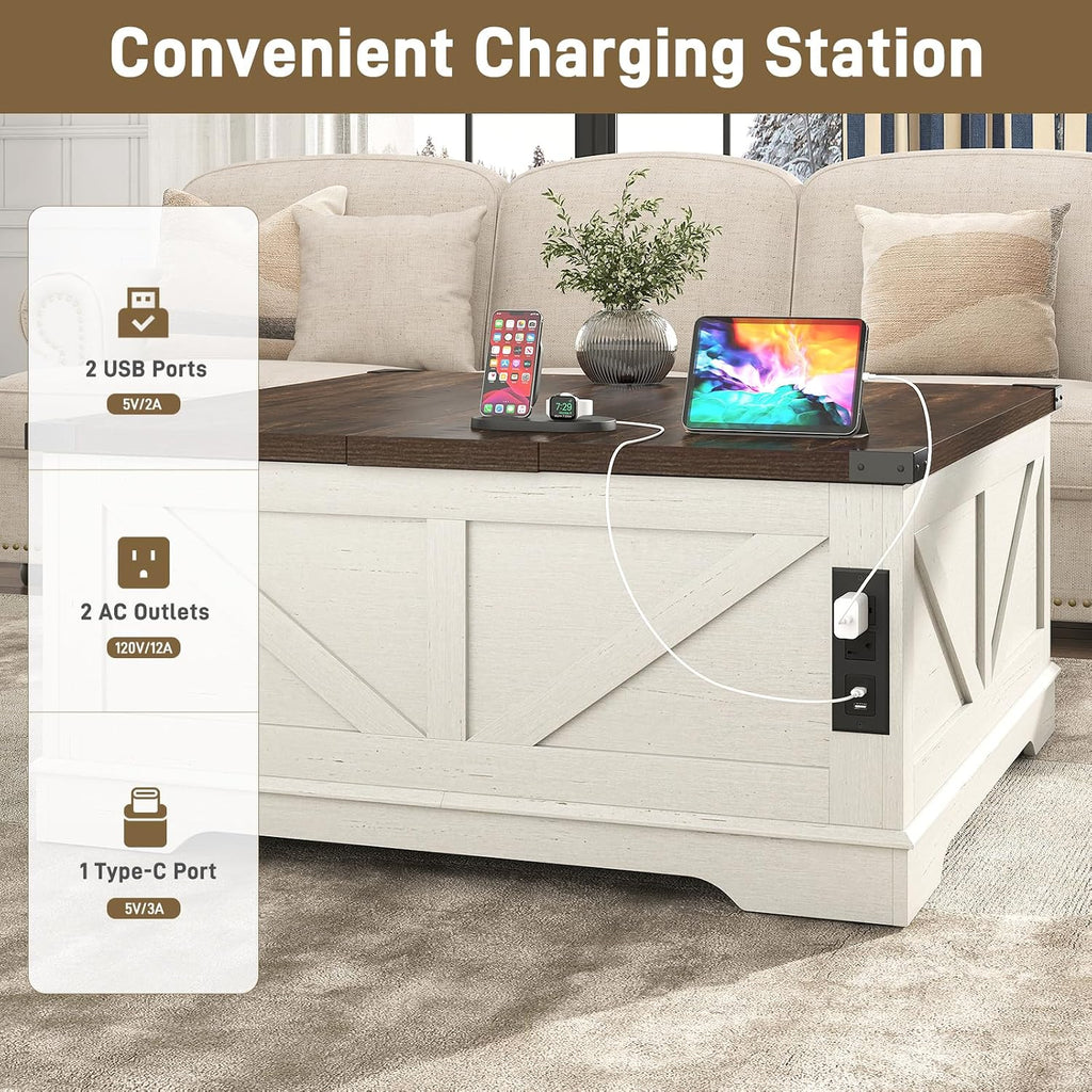 Hlivelood 40' Large Farmhouse Lift Top Coffee Table with Power Outlets and Large Hidden Storage, Square Wood Living Room Tables, Multi-Function Lift Wooden Barn Door Center Table, Rustic White