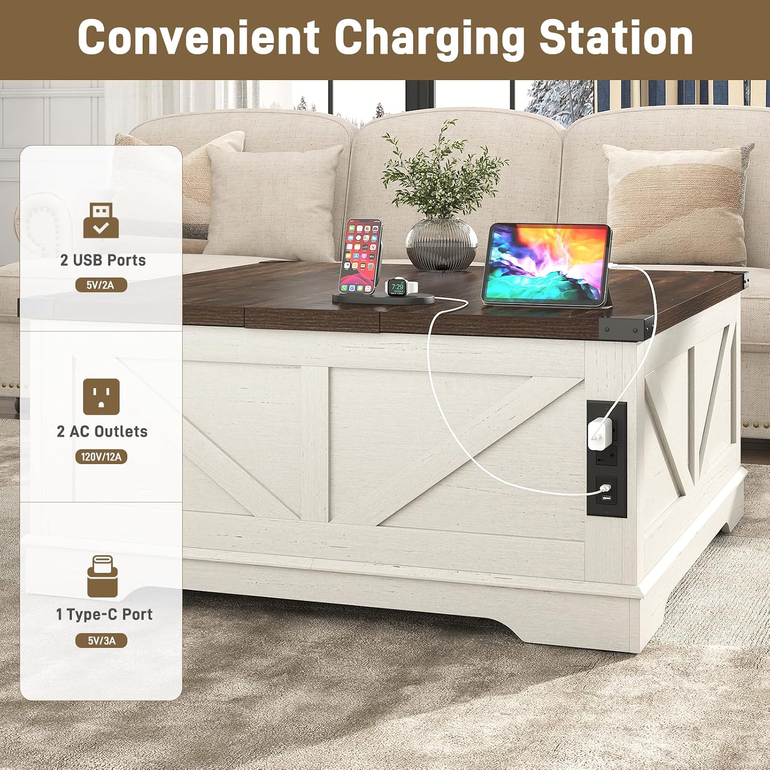 Hlivelood 40' Large Farmhouse Lift Top Coffee Table with Power Outlets and Large Hidden Storage, Square Wood Living Room Tables, Multi-Function Lift Wooden Barn Door Center Table, Rustic White