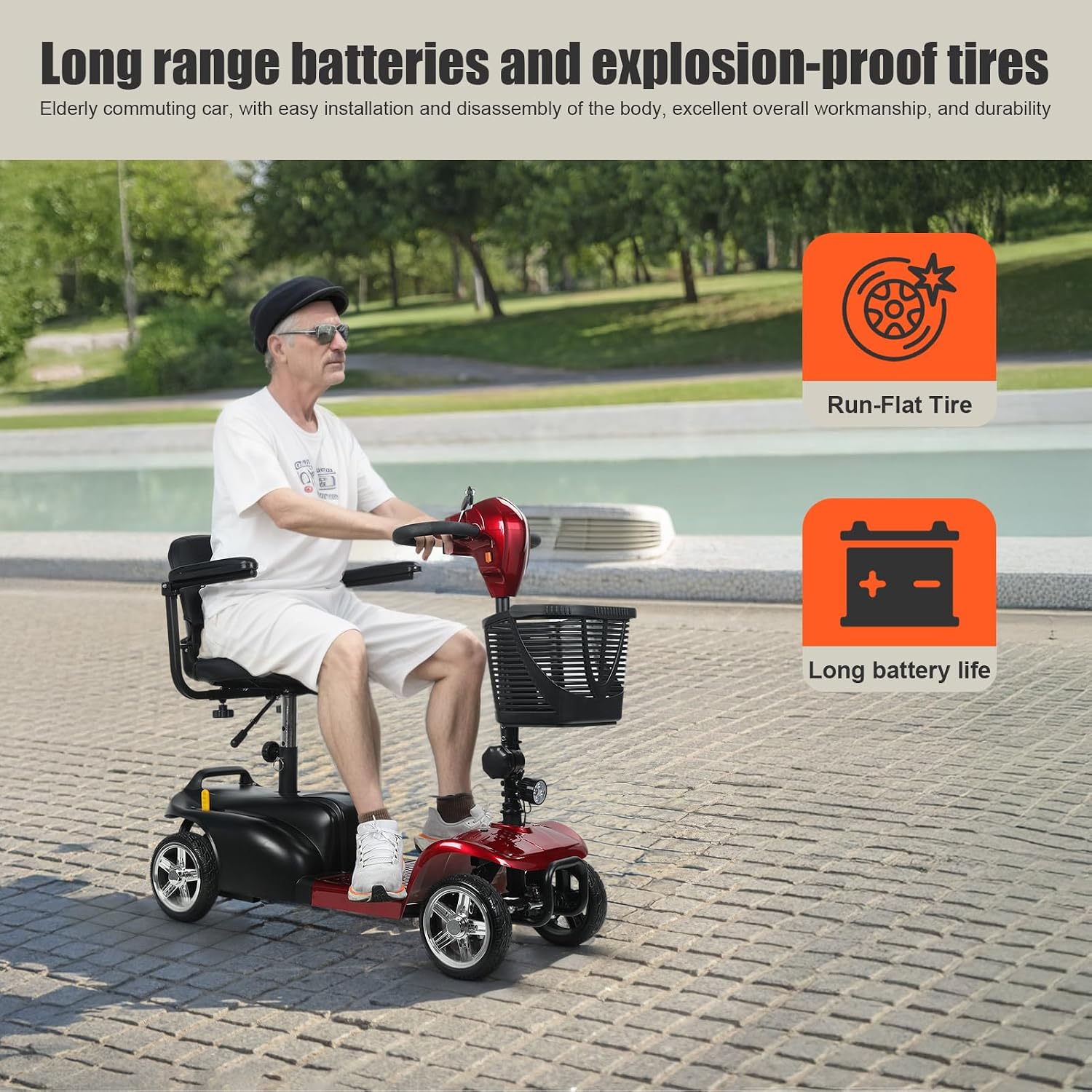 4-Wheel Electric Scooter for Adults | Long Range Mobility Scooter with Basket, Charger & 330 lbs Capacity for Seniors Outdoor Use (Red and Black)