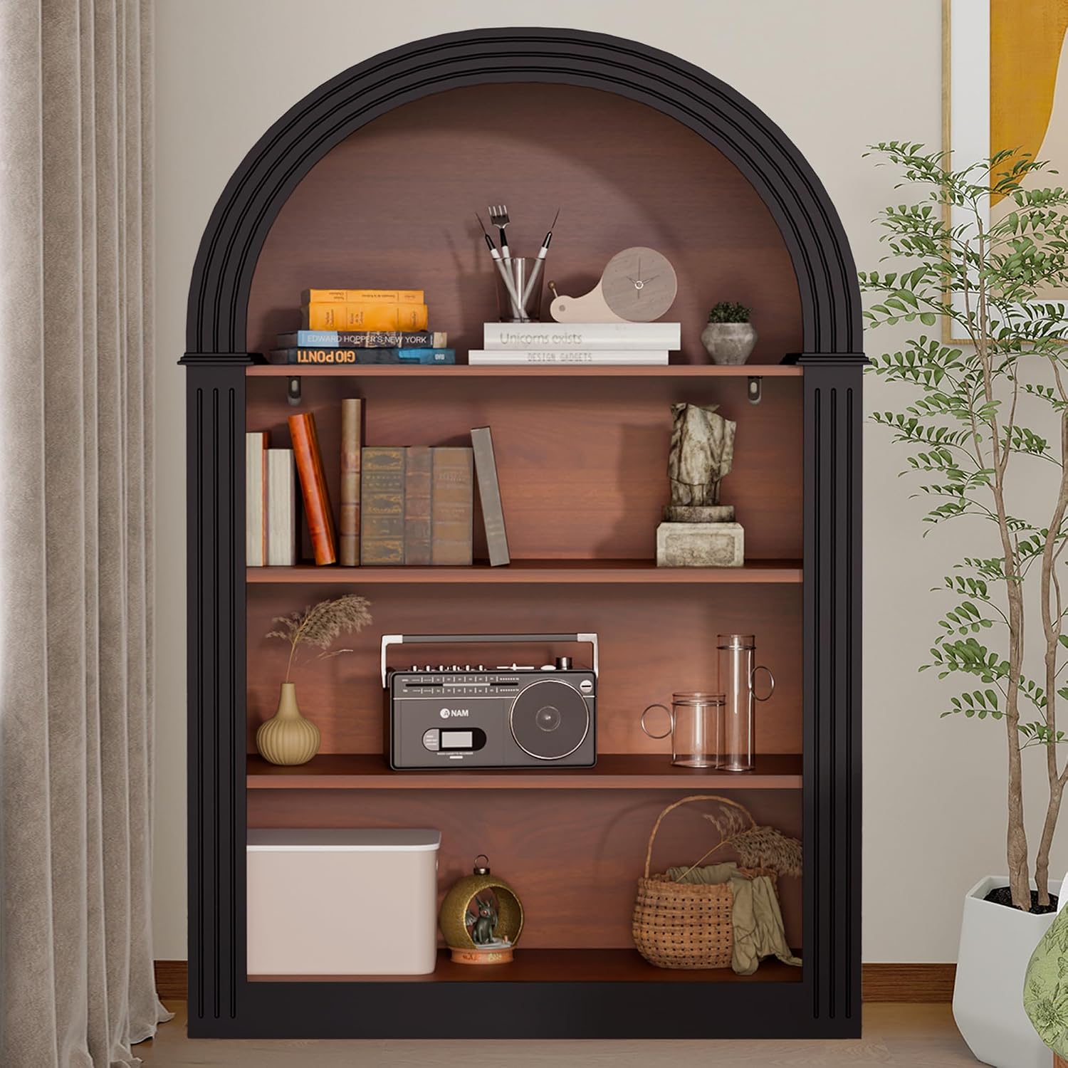 Black Arched Bookcase,Short Wide Bookshelf,Short Corner Bookshelf,Arched Display Cabinet with Open Shelf for Bedroom, Living Room