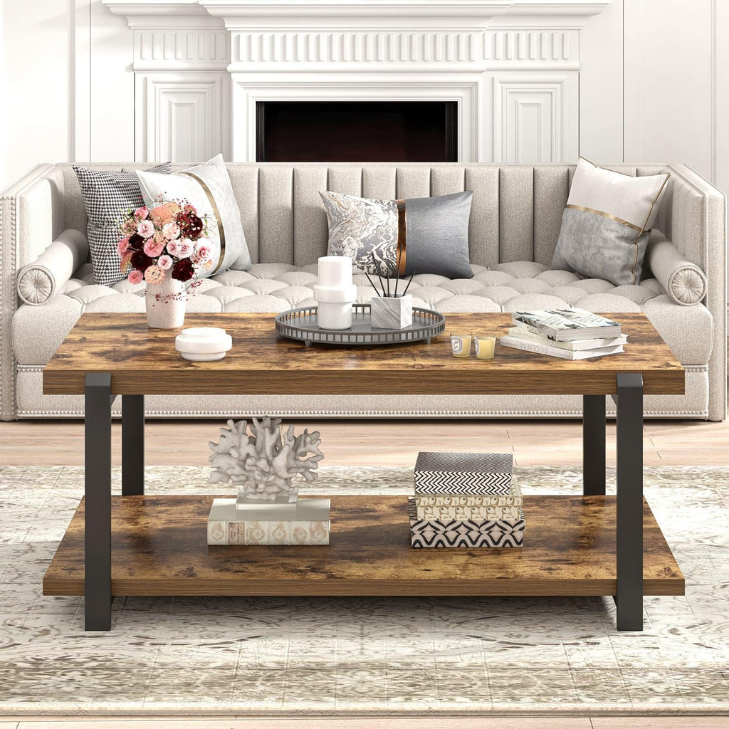 FOLUBAN Modern Coffee Table, Rustic Wood Center Table with Storage for Living Room, Industrial Rectangle 2 Tier Low Cocktail Tea Table, Rustic Brown