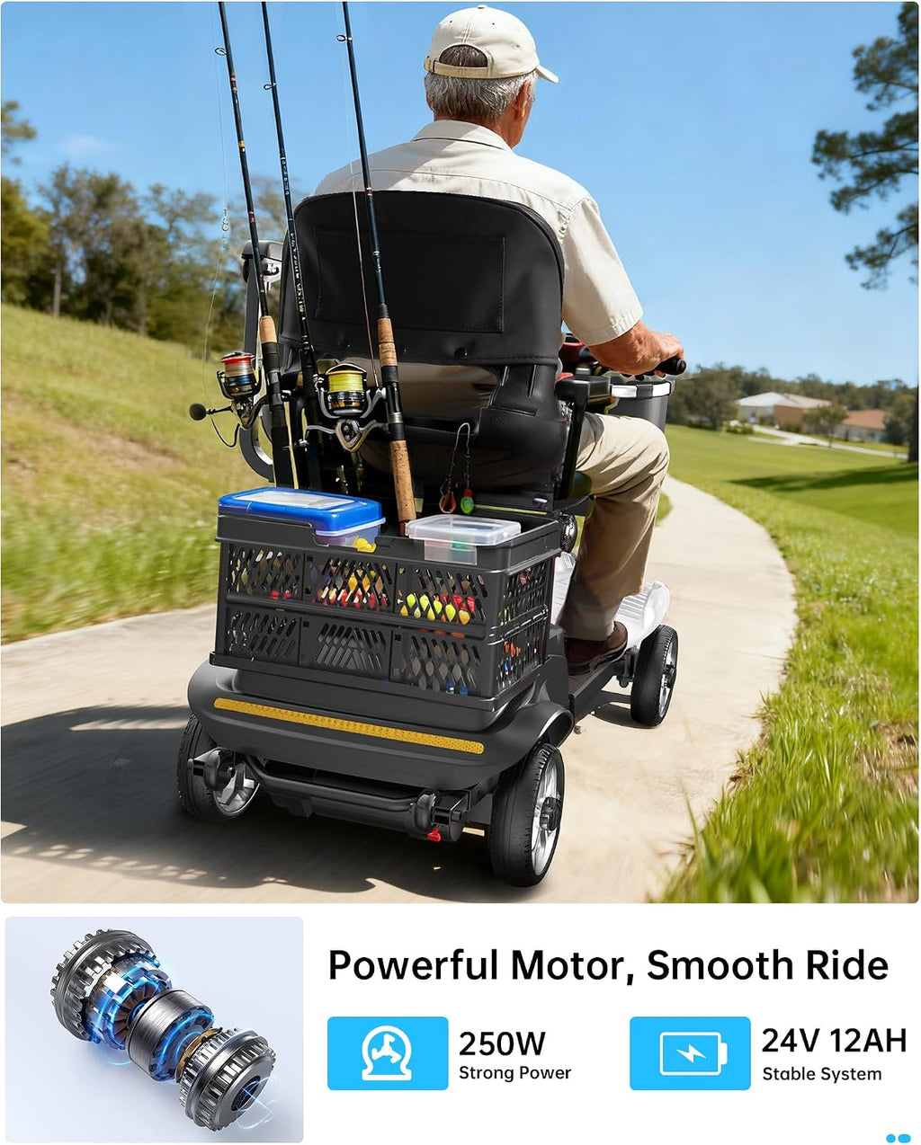 Electric Scooter for Adults & Seniors - Light Weight Mobility scooter with Auto Braking Adjustable Seat Removable Battery, Portable Foldable, 15 Mile Range, 330lb Capacity, Dual Basket, White