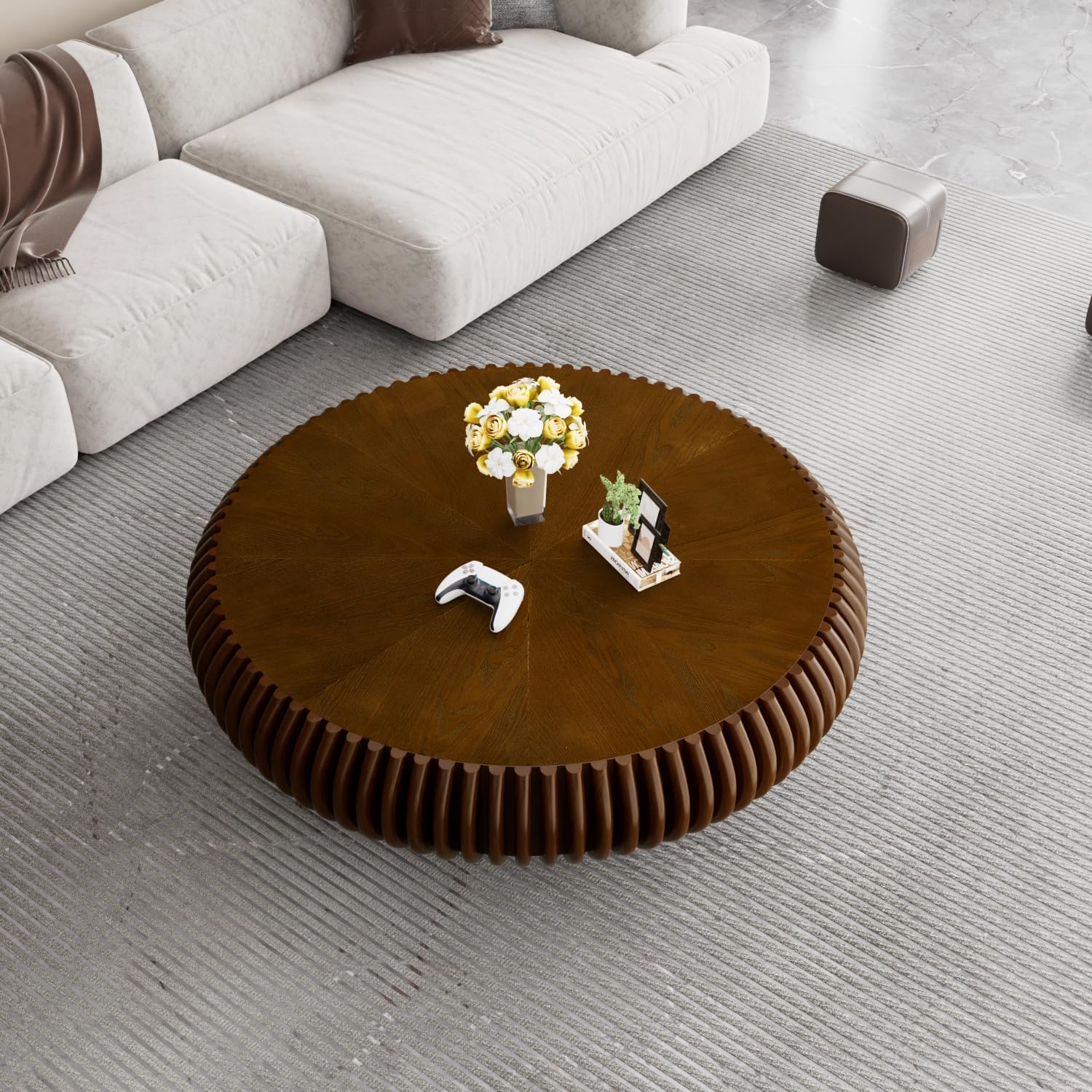 39.3' Drum Coffee Table Modern Unique Fluted Tea Table Contemporary Wood Round Coffee Table with Fluted Centry Table for Living Room Walnut (39.3' Walnut)