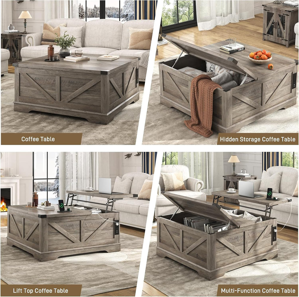 Hlivelood 40' Large Farmhouse Lift Top Coffee Table with Power Outlets and Large Hidden Storage, Square Wood Living Room Tables, Multi-Function Lift Wooden Barn Door Center Table, Grey