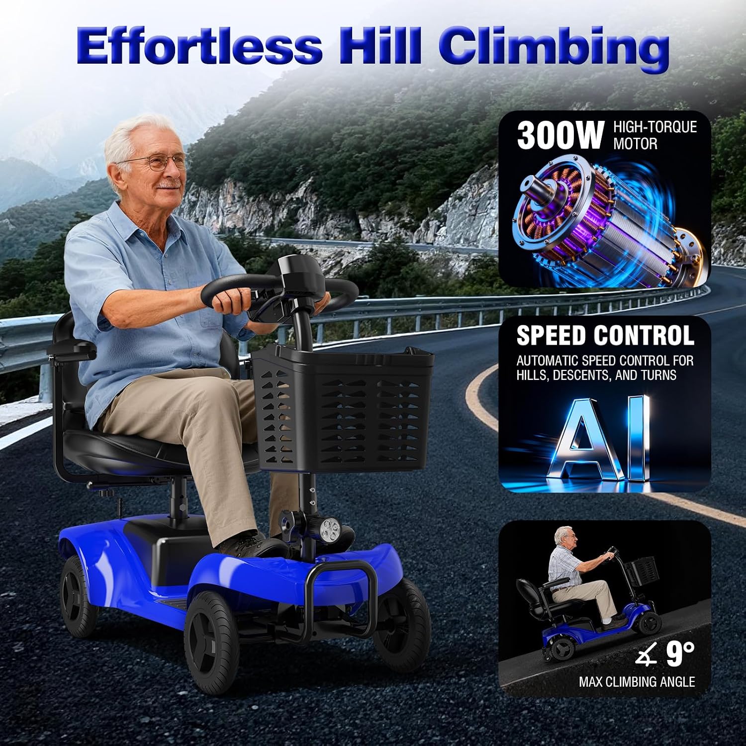Mobility Scooter,4 Wheel Mobility Scooter,28 Miles Range,300W Motor, 300LBS Capacity,Lightweight and Portable,with LED Headlights and Basket,Charger Included,Blue
