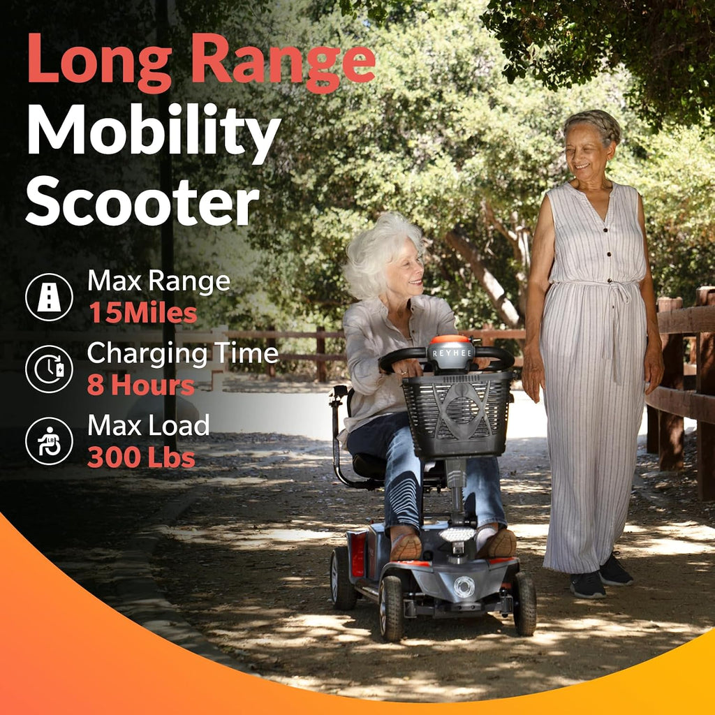 Reyhee Cruiser Powered Folding Mobility Scooters with Lengthened Legroom, 3.75MPH Max Speed & 15 Miles Range, 180W Electric Scooter for Adults Seniors with Height-Adjustable Seat (Red)