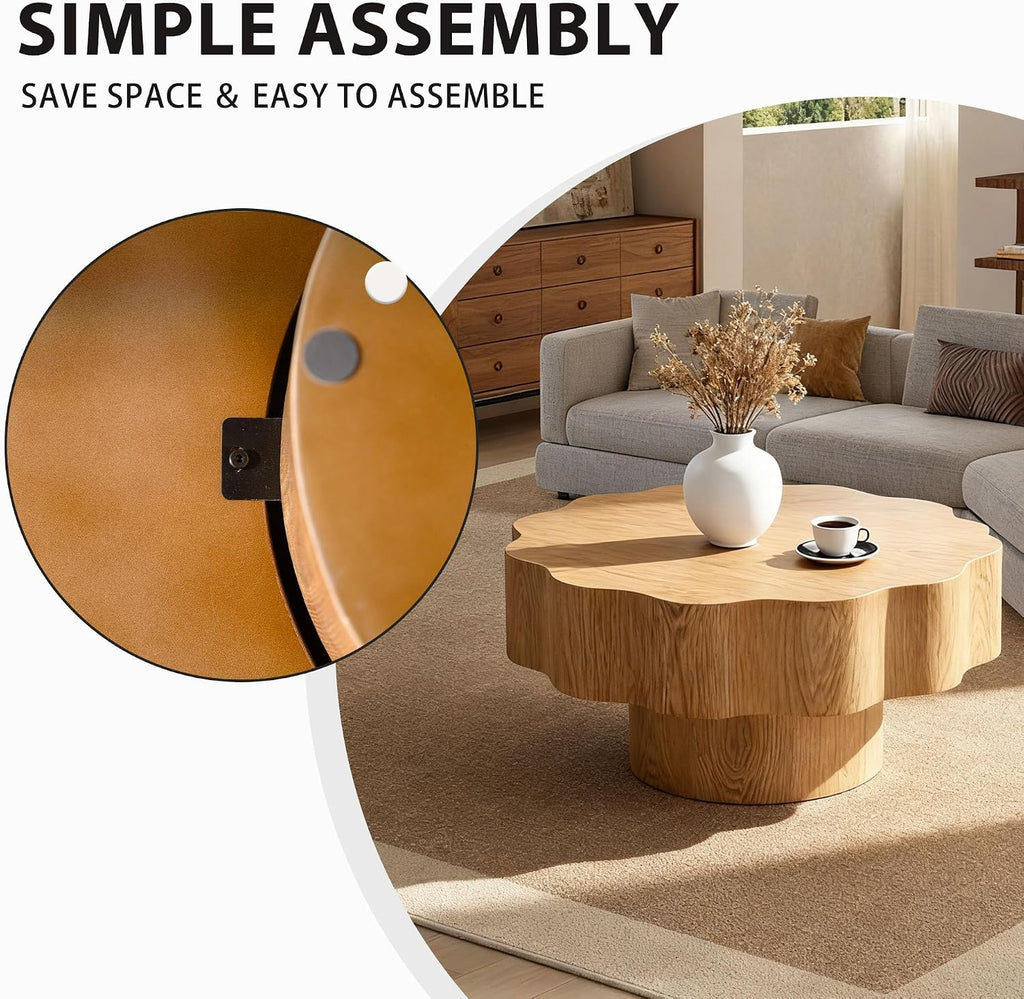 31.5'' Farmhouse Coffee Table Petal-Like, Wood Coffee Center Table Mid Century Modern Coffee Table for Living Room, Small Space End Side Table for Bedroom, Farmhouse, Apartment, Office
