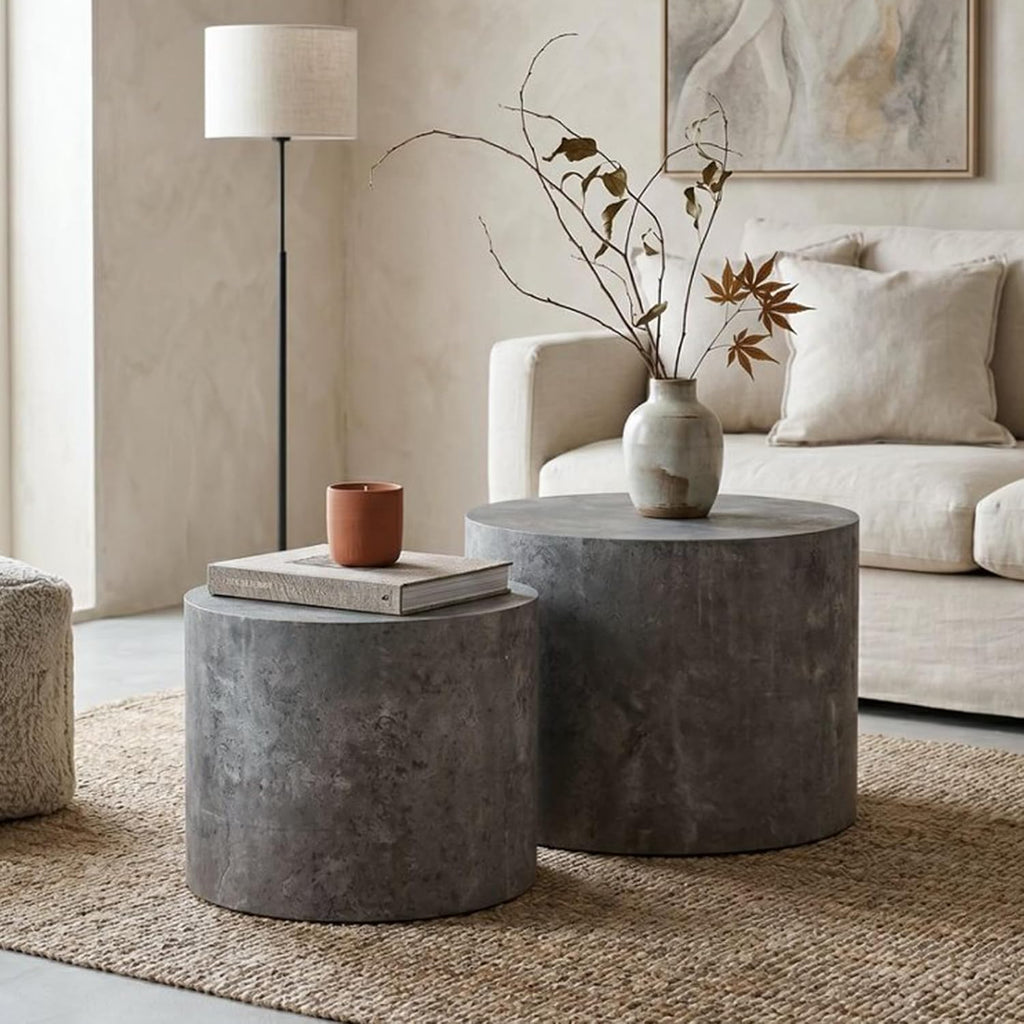 WILLIAMSPACE Nesting Coffee Table Set of 2, Matte Grey Round Wooden Coffee Tables Modern Circle Center Table for Small Space Living Room Bedroom Accent End Side Table, No Assembling (Stone Gray)