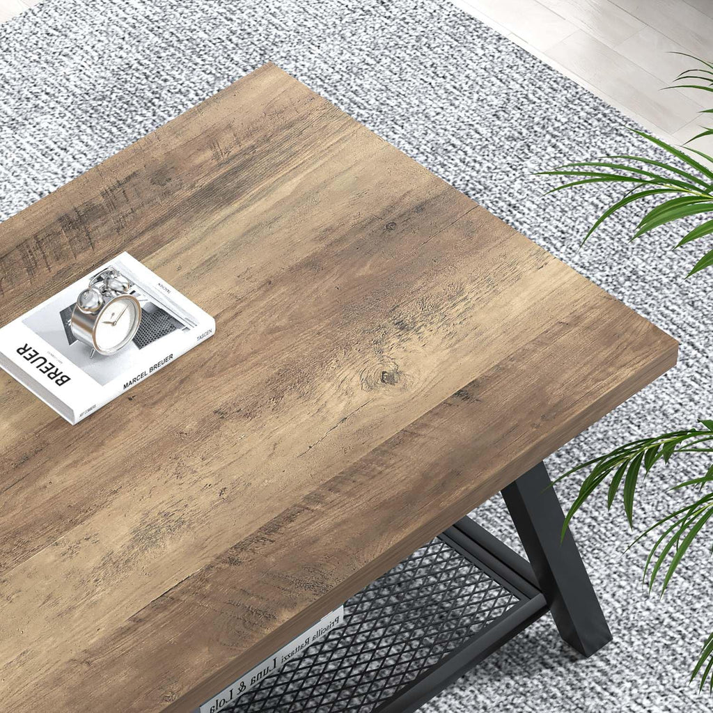 FOLUBAN Coffee Table with Storage, Modern Rustic Wood and Metal Coffee Tables for Living Room, Industrial 2-Tier Center Tea Cocktail Table, Oak, 47 Inch