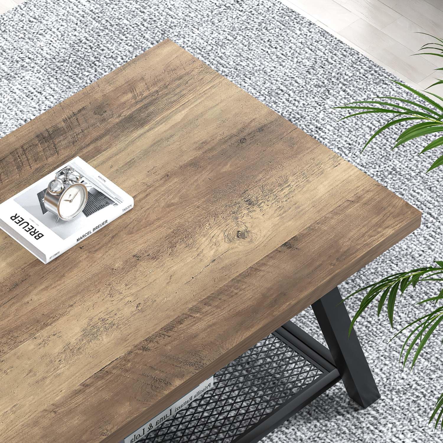 FOLUBAN Coffee Table with Storage, Modern Rustic Wood and Metal Coffee Tables for Living Room, Industrial 2-Tier Center Tea Cocktail Table, Oak, 47 Inch
