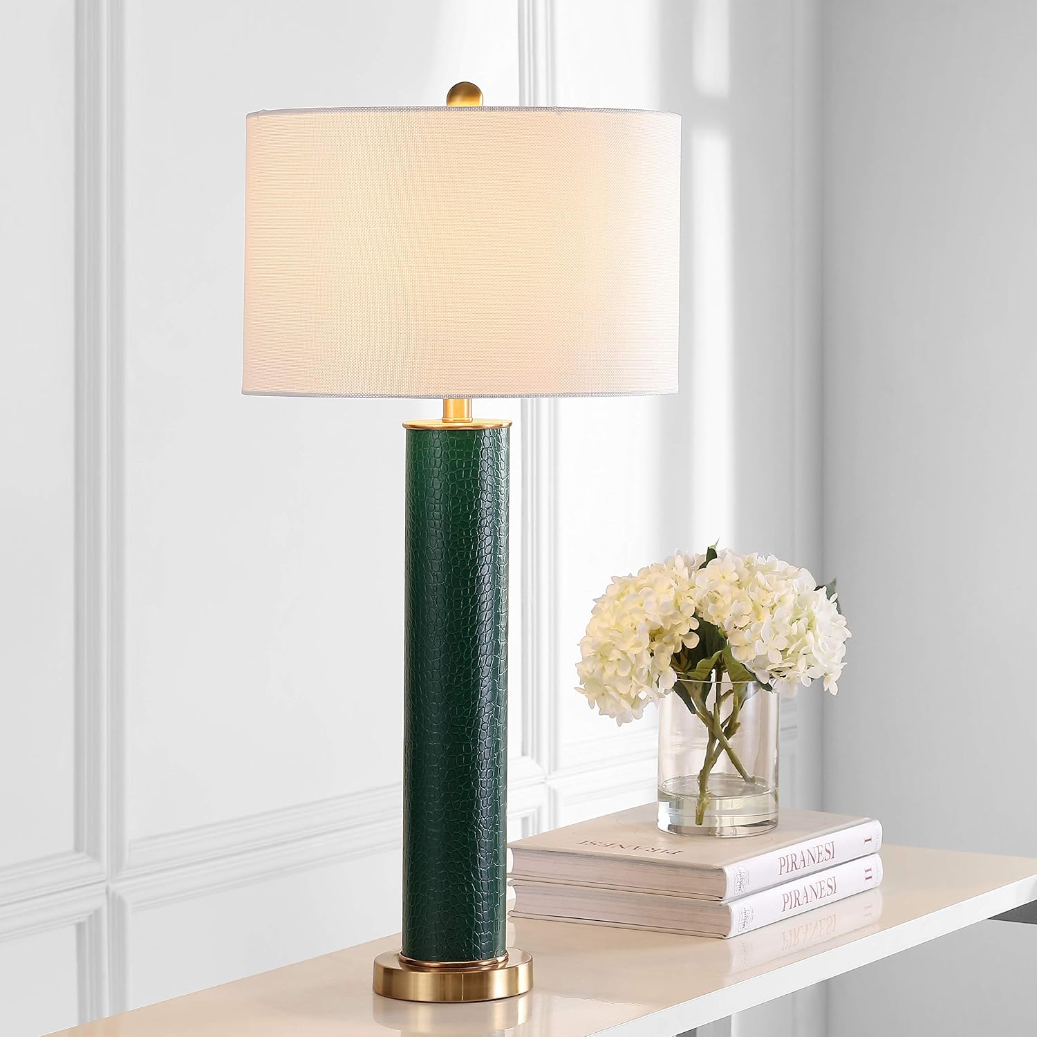 SAFAVIEH Lighting Collection – Set of 2 Ollie Modern Contemporary Dark Green Faux Alligator 32-Inch Table Lamps, LED Bulbs Included, Bedroom Living Room Home Office (LIT4404B-SET2)