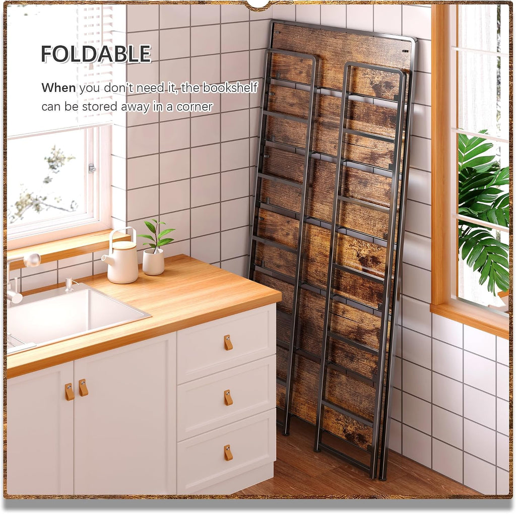 4NM No Assembly Extra Wide 6 Tiers Folding Bookshelf Storage Shelves Vintage Bookcase Standing Racks Study Organizer Home Office (Rustic Brown Black)