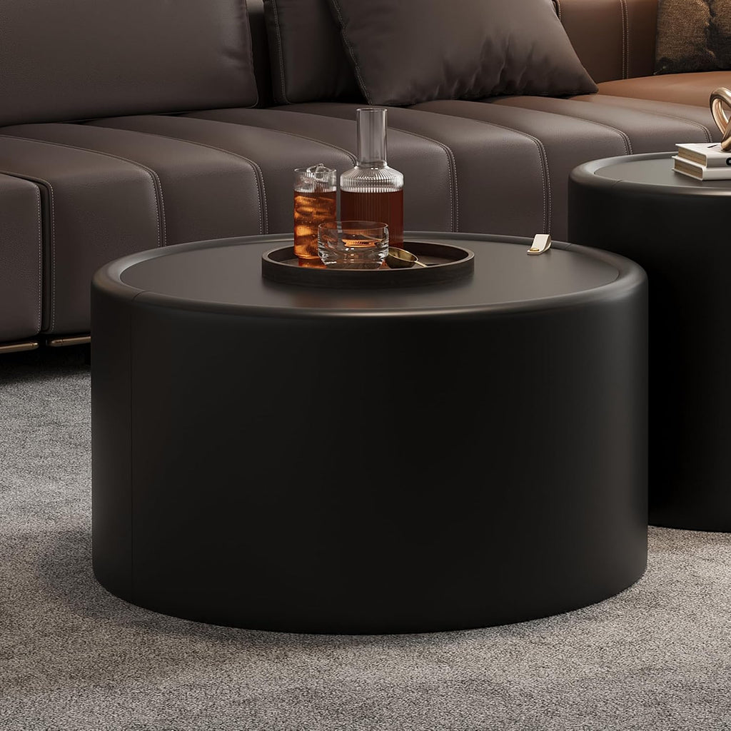 Black Round Coffee Table with Hidden Storage, 27.56' Drum Coffee Table with Tempered Glass Top and PU Leather Body, Circle Cocktail Tea Table for Living Room, No Assemble