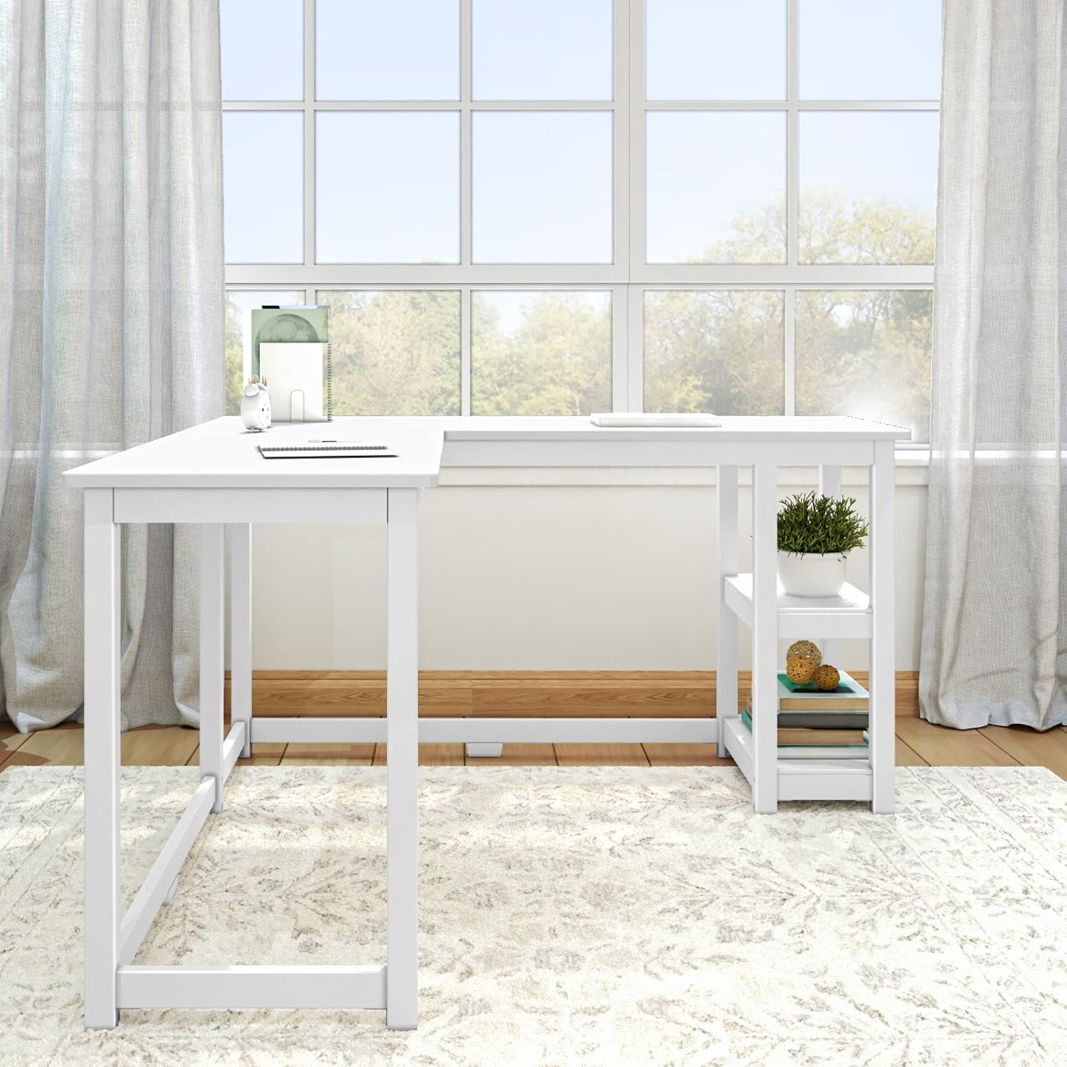 Plank+Beam Corner Desk with Shelves, L-Shaped Desk for Bedroom, Home Office Study Desk, 55.25 Inch, White