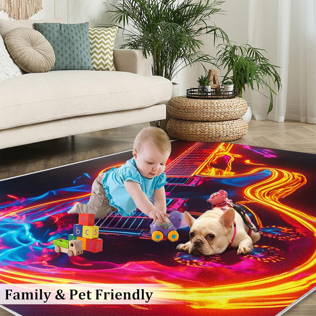 Guitar Rug 5x7-5x7 Rug, Ice and Fire Area Rugs for Living Room, Music Washable Area Mat for Bedroom, Rock and Roll Carpet, Musical Carpet - Guitar Home Decor & Gift