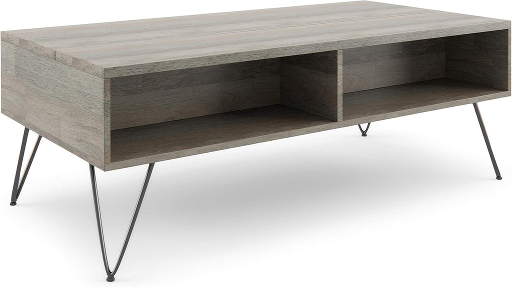 SIMPLIHOME Hunter SOLID MANGO WOOD and Metal 48 inch Wide Rectangle Industrial Lift Top Coffee Table in Grey for the Living Room and Family Room