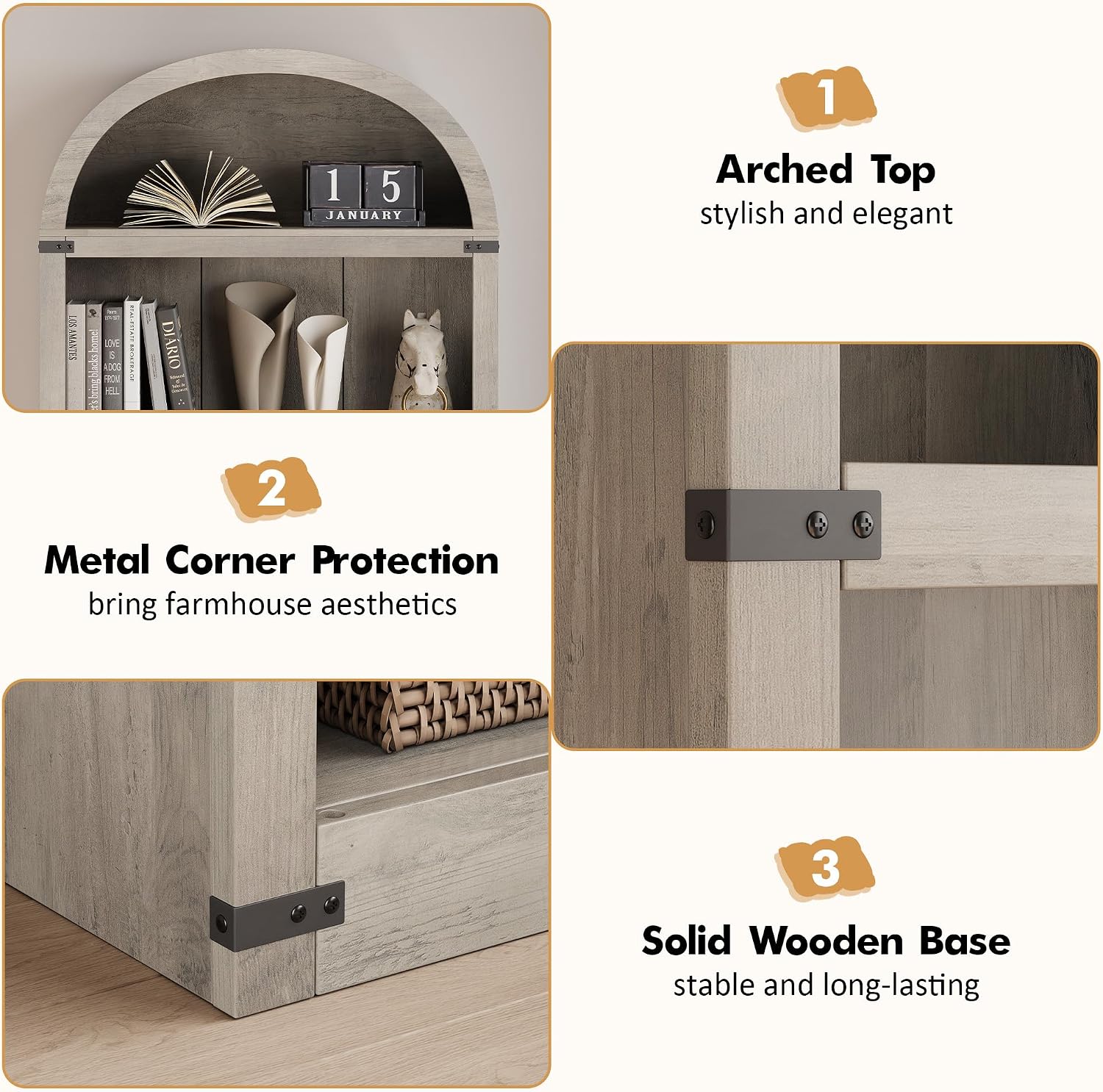5-Tier Arched Bookcase – 71.65' Tall Farmhouse Wooden Bookshelf with Modern Black Wood Grain, Display Storage Shelf for Living Room, Office, Bedroom – Metal Corner Protection,Grey