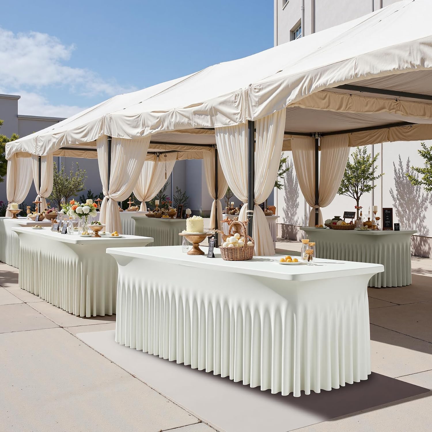 6 pk Ivory Spandex Tablecloth 6ft with Ruffle Skirts,Wrinkle Free High Stretch Cream Fitted Tablecloths for 6 Foot Rectangle Tables,Elastic Spandex Table Covers 6 ft for Parties Weddings Banquet