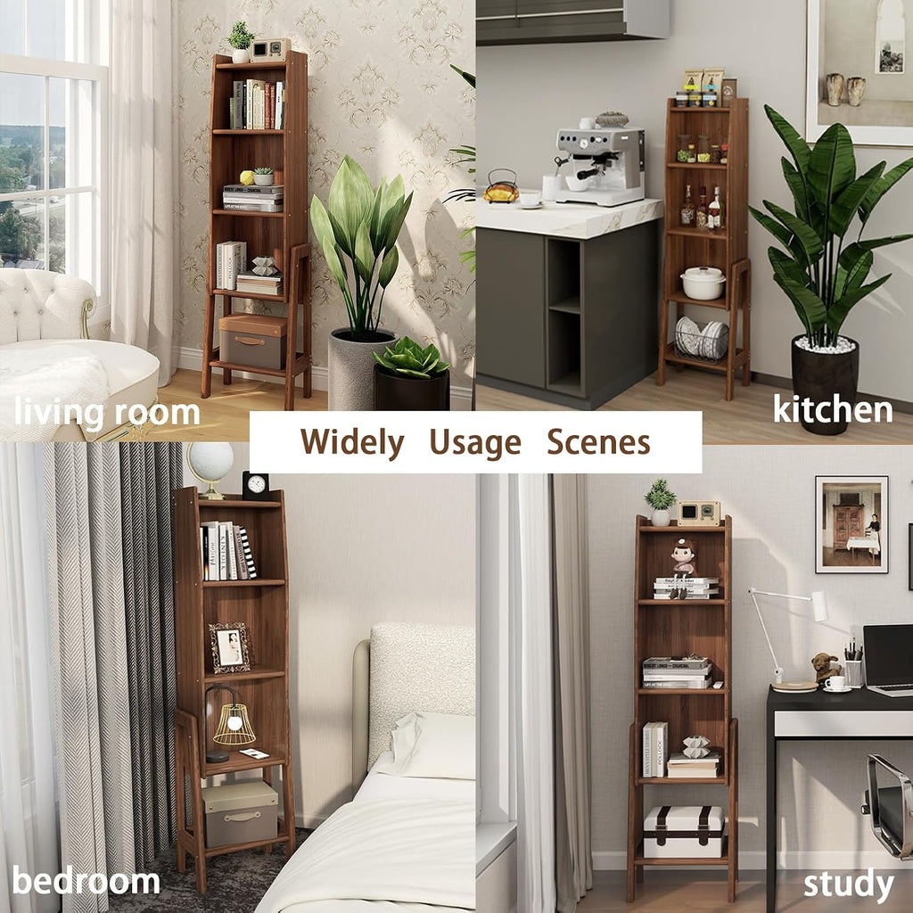5 Tier Mid Century Bookcase,Open Floor Standing Storage Bookshelf,Modern Organizer Narrow Bookcase,Free Standing Organizer Shelves for Study Living Room Kitchen Office Bedroom Balcony(Brown)