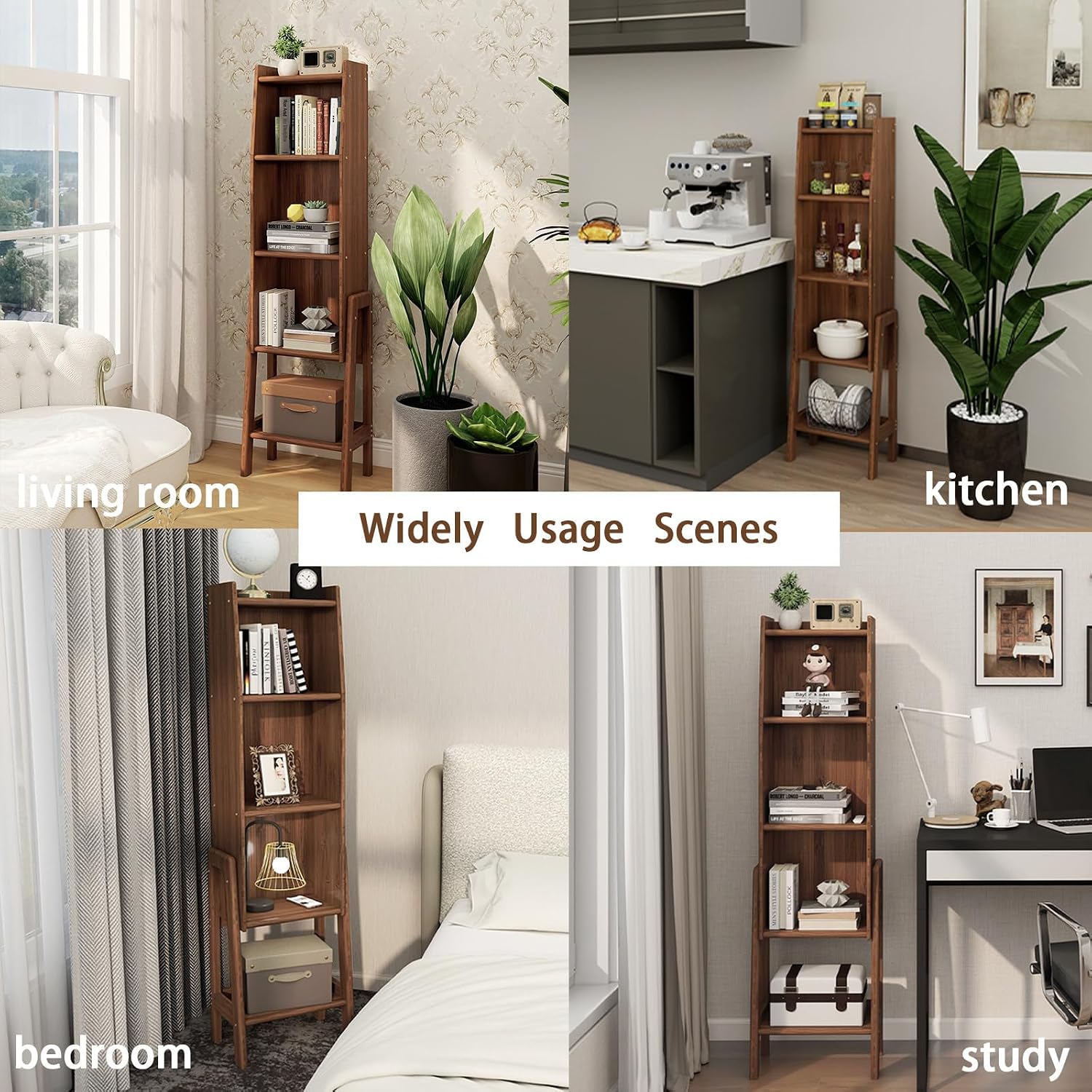 5 Tier Mid Century Bookcase,Open Floor Standing Storage Bookshelf,Modern Organizer Narrow Bookcase,Free Standing Organizer Shelves for Study Living Room Kitchen Office Bedroom Balcony(Brown)