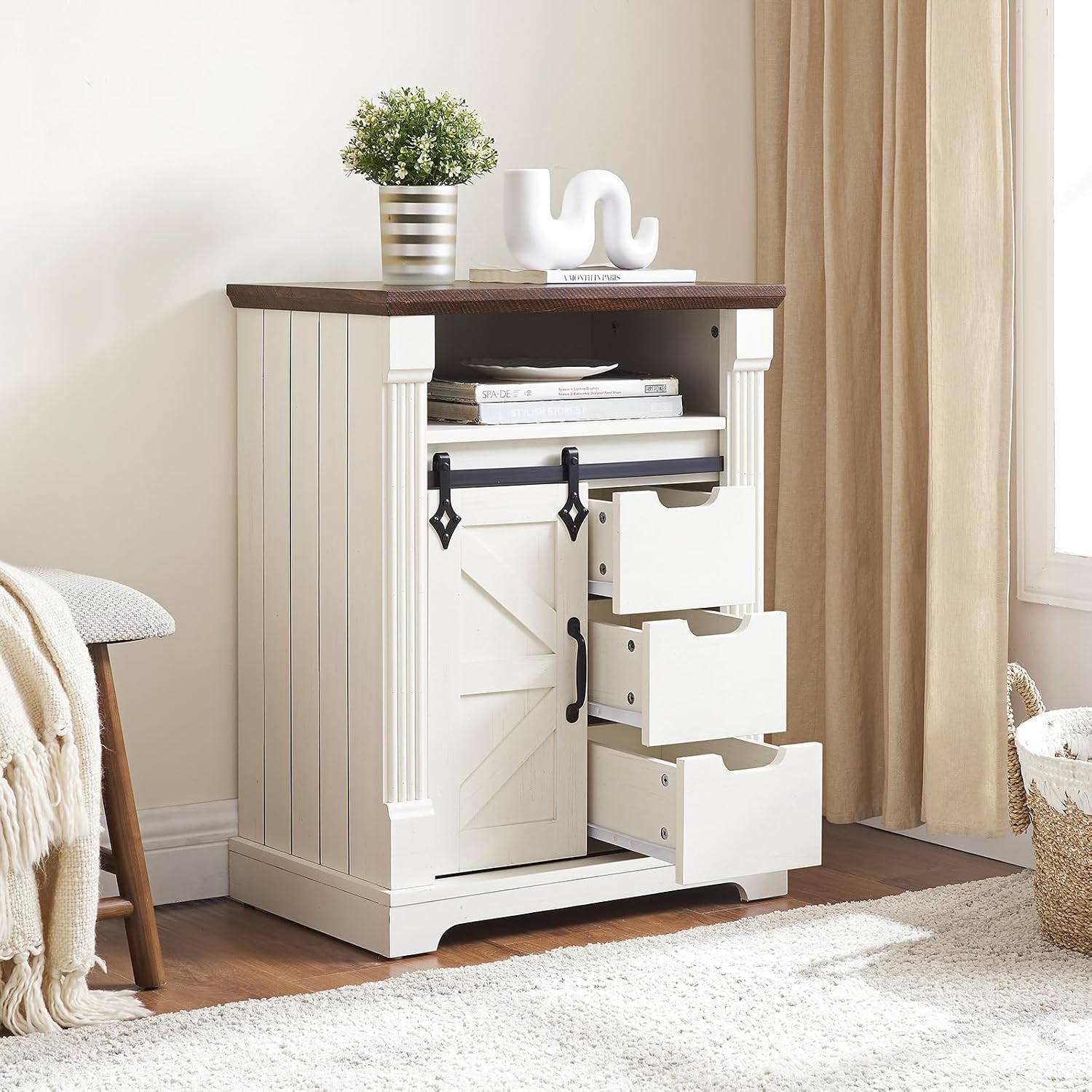 Minifeel Farmhouse Bathroom Cabinet, Freestanding Small Storage Cabinets with Barn Door and Three Drawers, Wooden Console Entryway Table with Roman Column for Kitchen, Living Room, laundry room, White