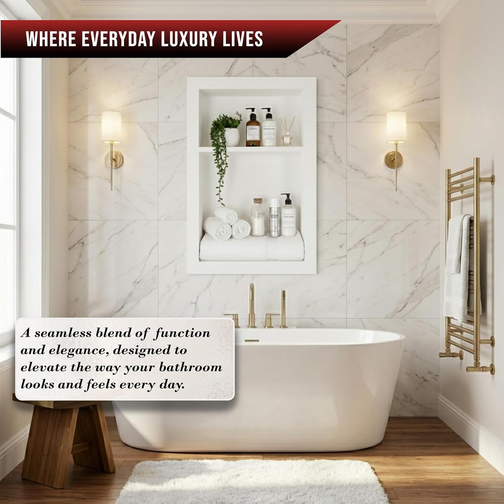16' x 24' Luxurious Pure White Recessed Shower Wall Niche for Bathroom – Modern Marble Niche Dual Shelf for Bathroom (Pure White)
