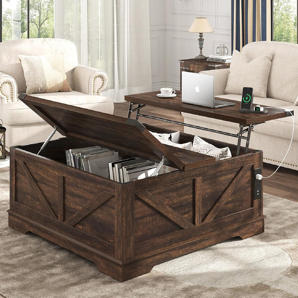 Hlivelood 40' Large Farmhouse Lift Top Coffee Table with Power Outlets and Large Hidden Storage, Square Wood Living Room Tables, Multi-Function Lift Wooden Barn Door Center Table, Brown