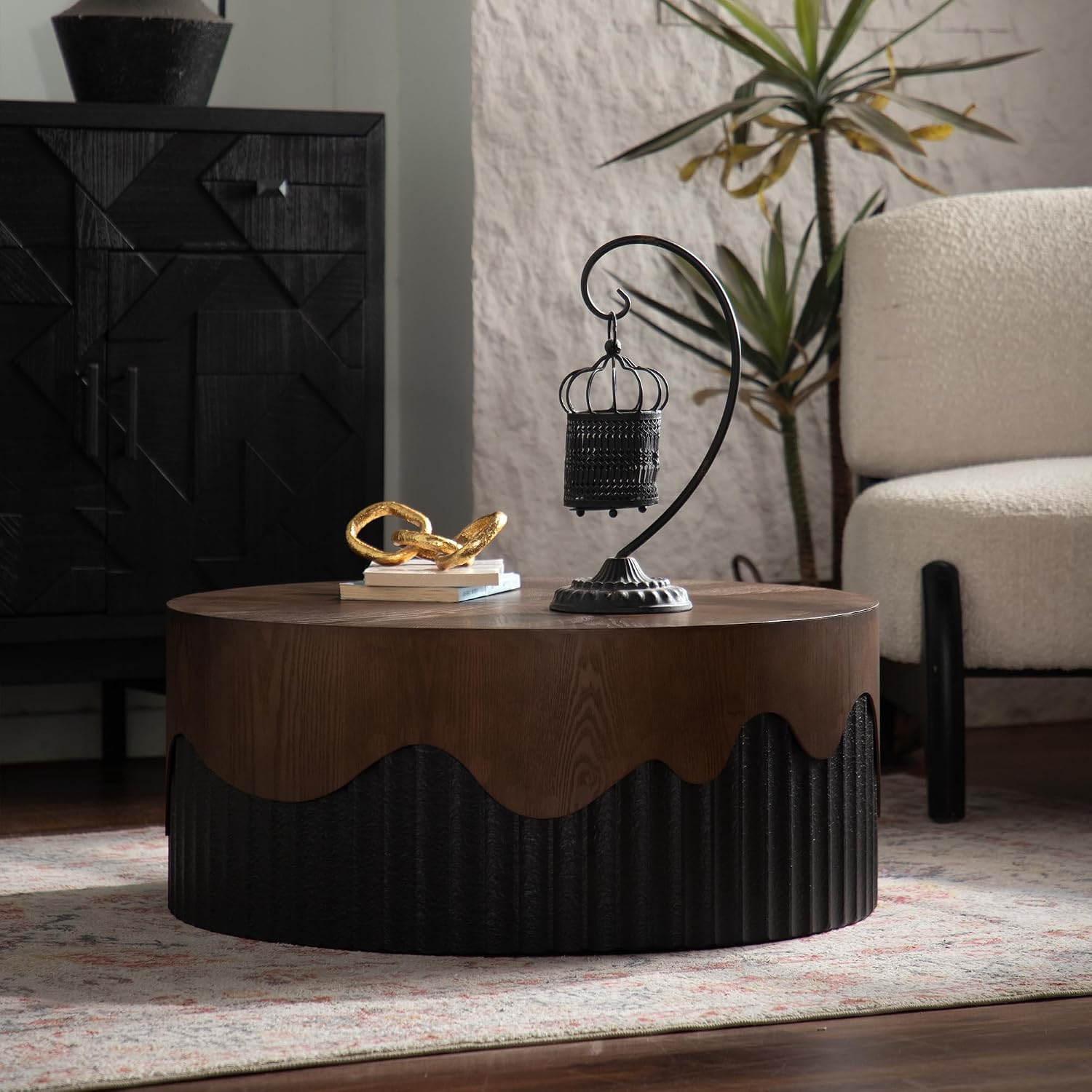 GDFStudio 30.3' Round Coffee Table with Walnut Table Tops, Bark Texture Veneer Circle Coffee Tables with Handcrafted Relief Base, Modern Living Room Side Tea Tables, No Assembly, Black+Walnut