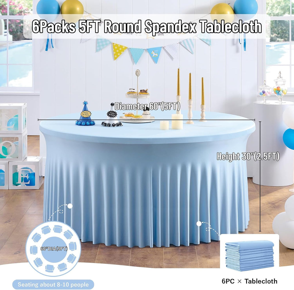 leegleri 6 Pack Baby Blue Spandex Round Tablecloths for 60 inch Table, Stretchy 120inch Fitted 5FT Round Table Cloths, Wrinkle Free Table Cover with Skirt for Wedding Party Dining Banquet